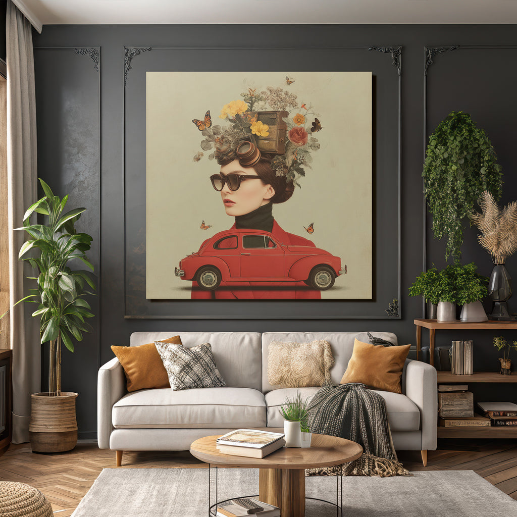 Blumen Butterfliegen Vintage Kamera Frau Rotes Auto Coat