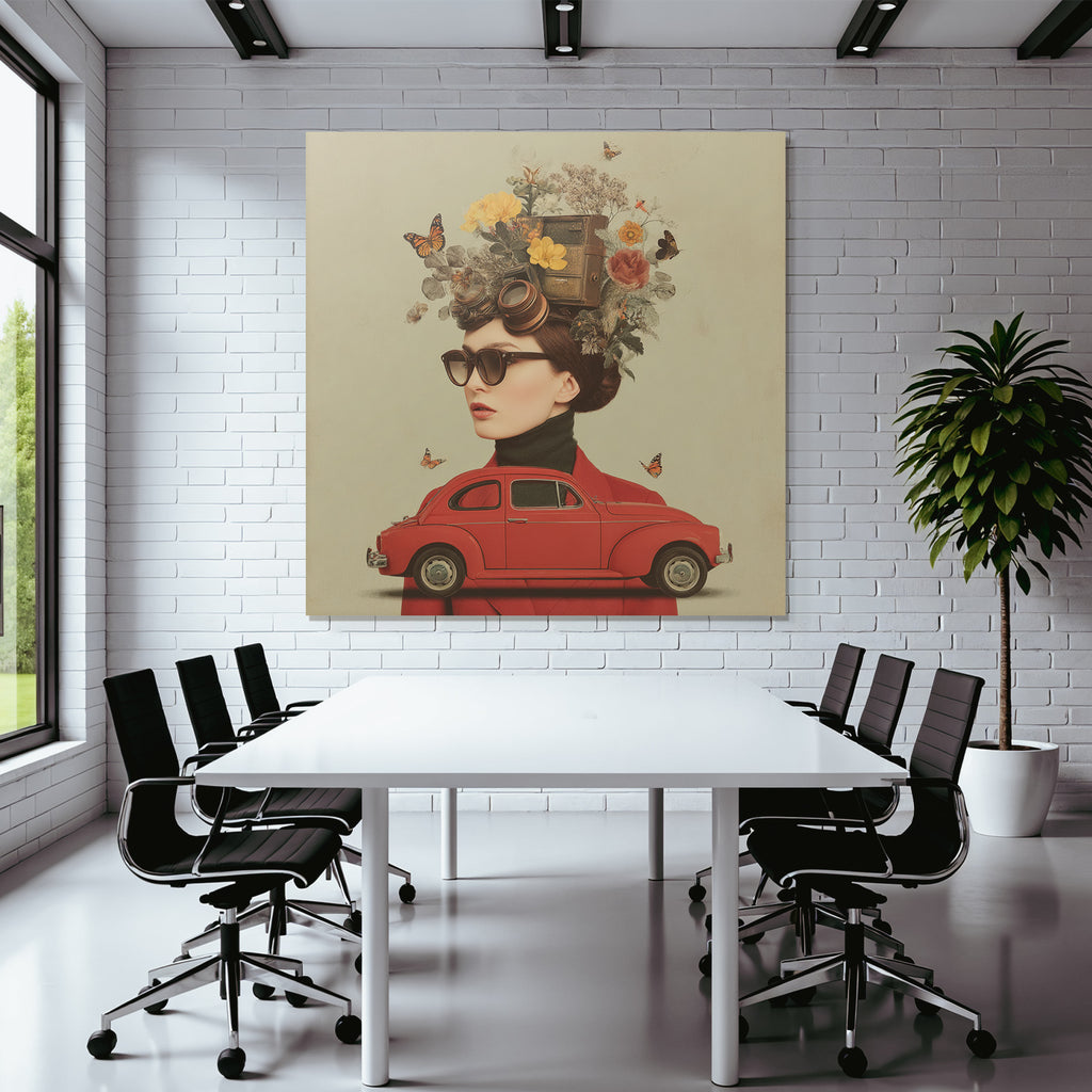 Blumen Butterfliegen Vintage Kamera Frau Rotes Auto Coat