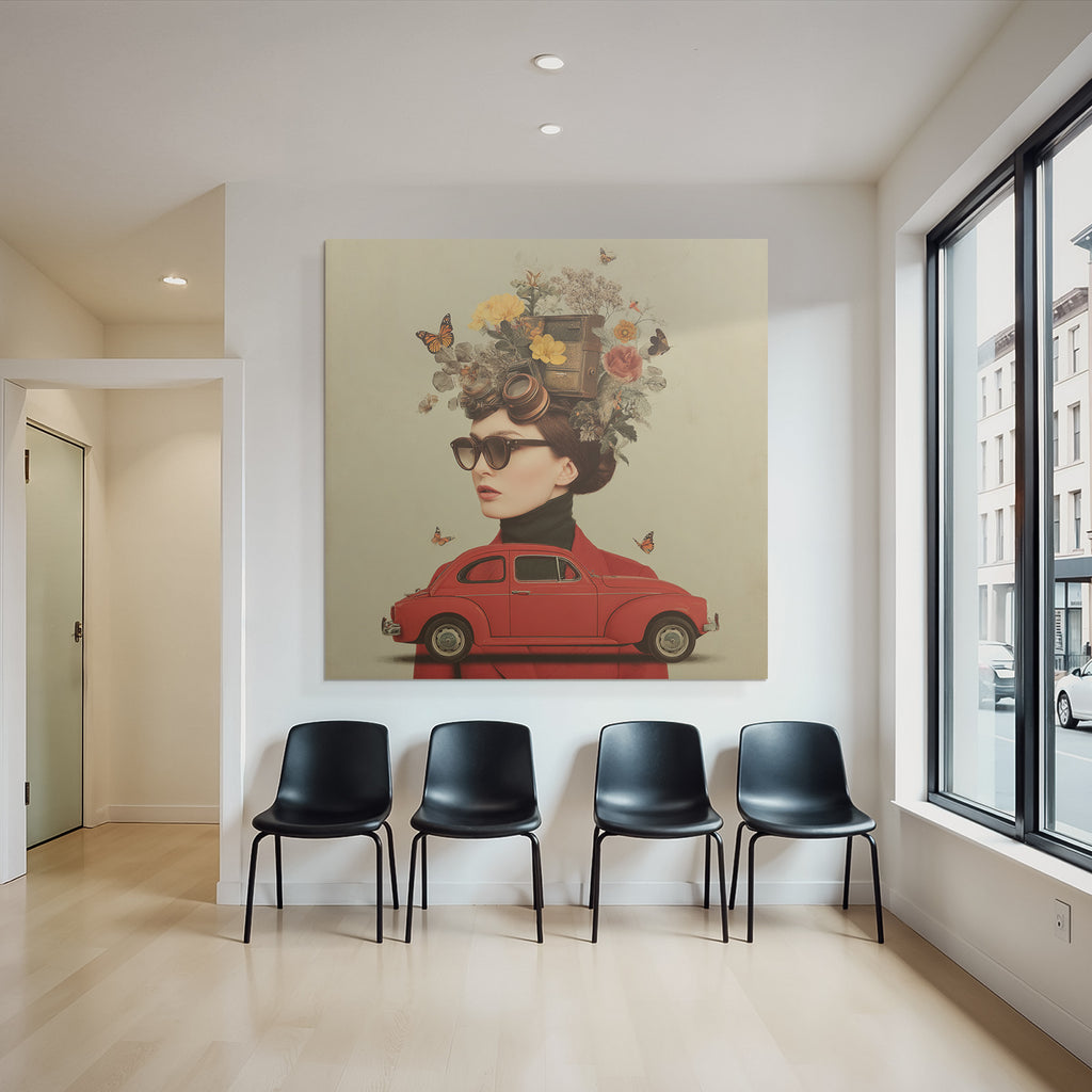 Blumen Butterfliegen Vintage Kamera Frau Rotes Auto Coat