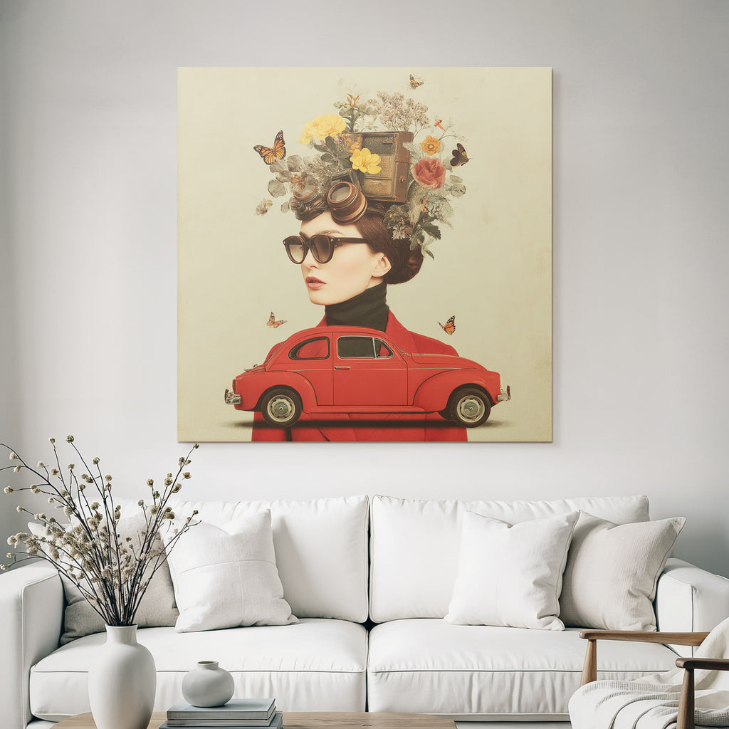 Blumen Butterfliegen Vintage Kamera Frau Rotes Auto Coat