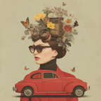Blumen Butterfliegen Vintage Kamera Frau Rotes Auto Coat | Digital Art | Kunstgattungen