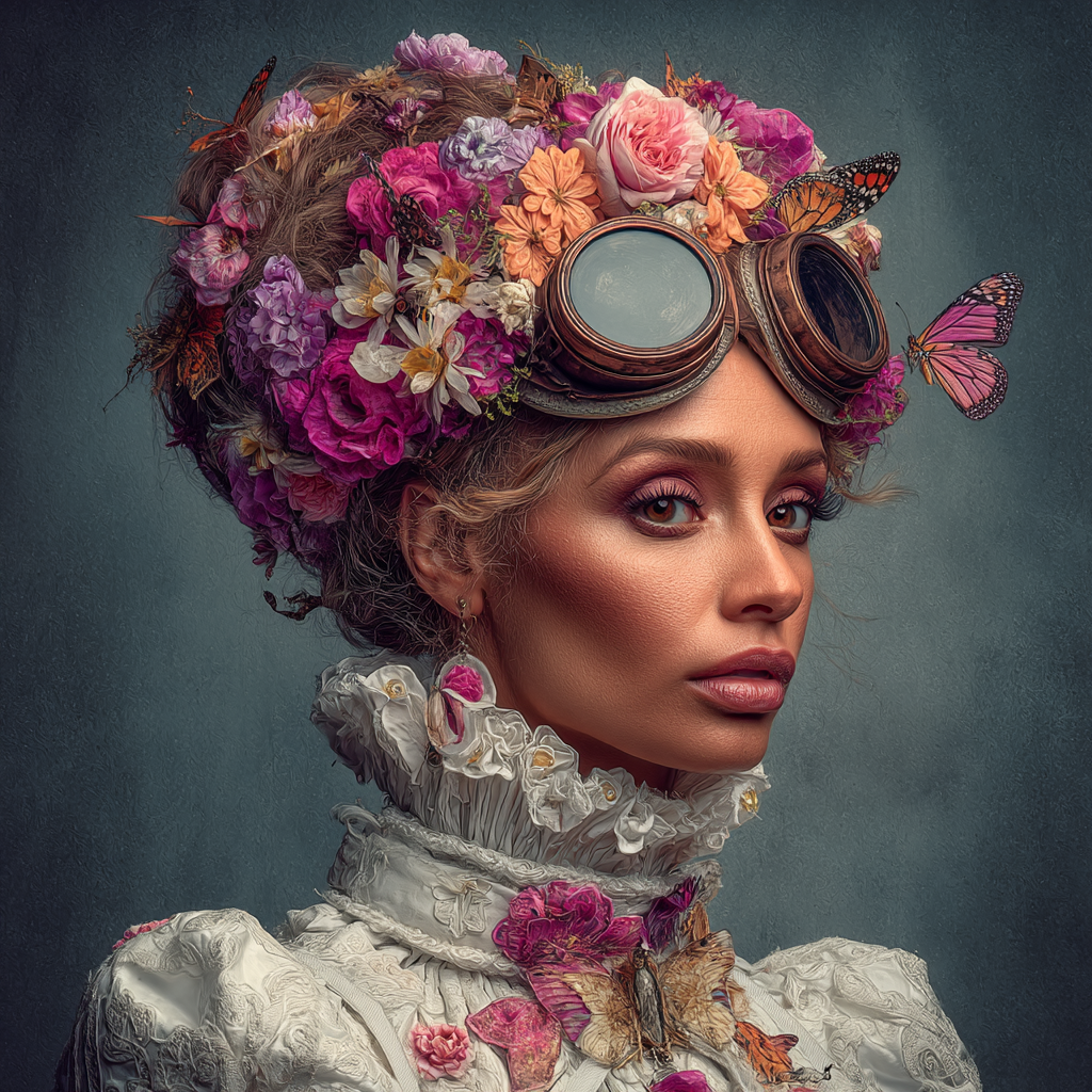 Blumenkranz Portrait Mit Brille Und Butterflies | Digital Art | Kunstgattungen