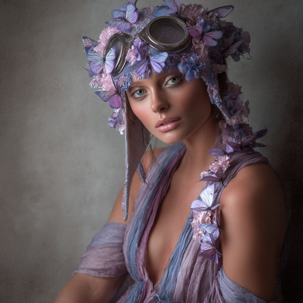 Blumige Frau Mit Schmetterlingskopfschmuck In Pink Und Lila | Digital Art | Kunstgattungen