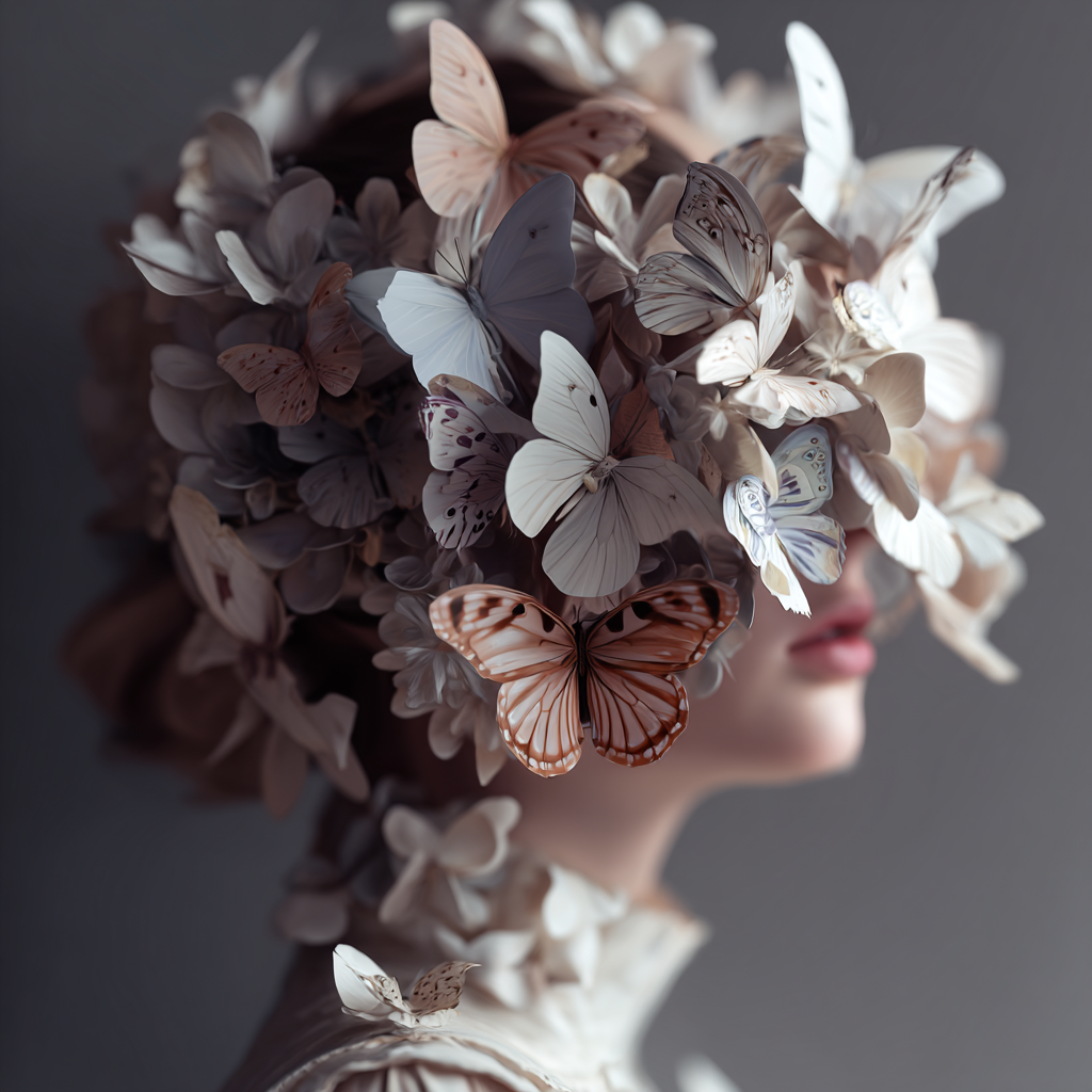 Figur Mit Blumen Und Faltern Headdress Traeumend Natur Transformation | Digital Art | Kunstgattungen