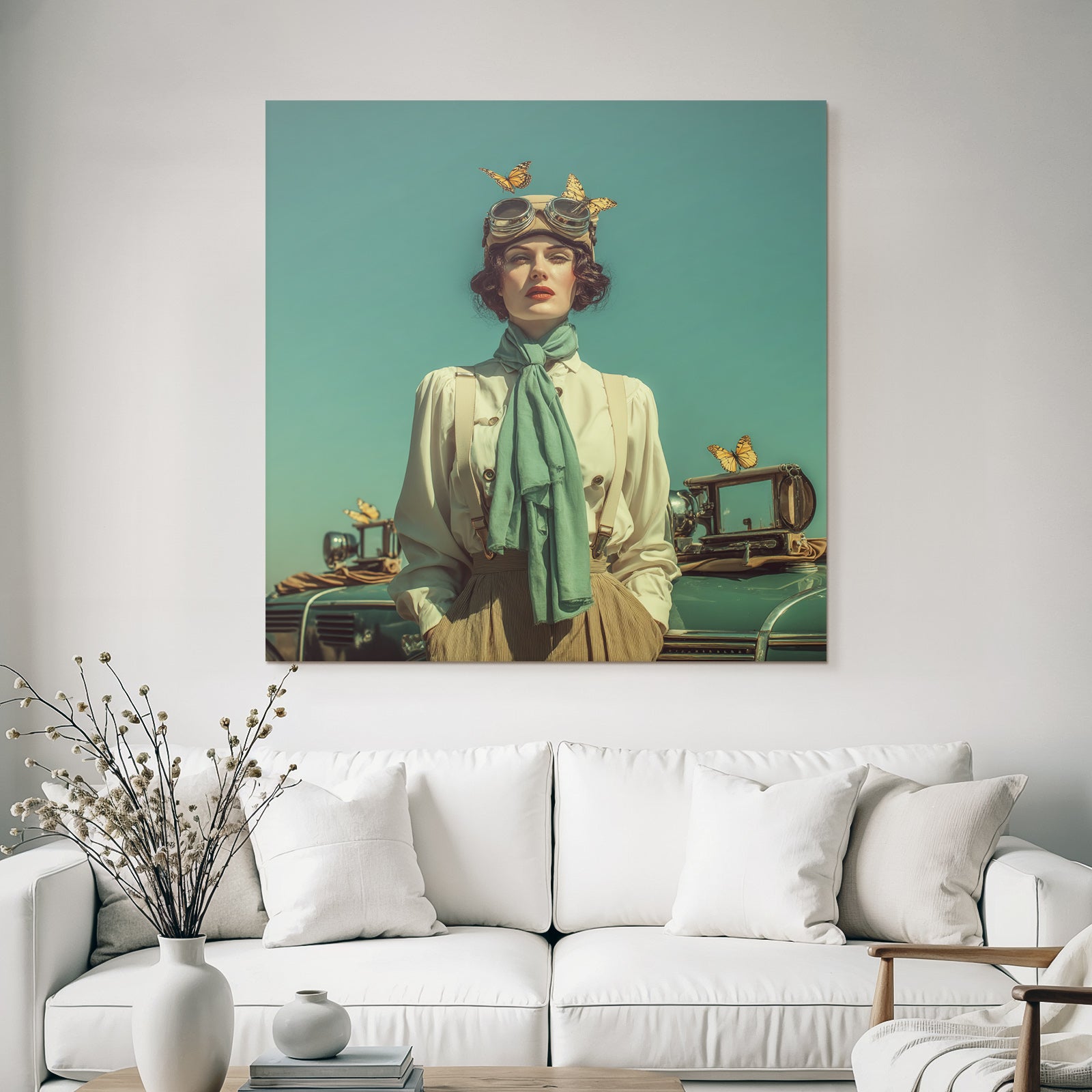 Frau Im Vintage Fliegerstil Mit Schmetterlingen Und Altem Auto