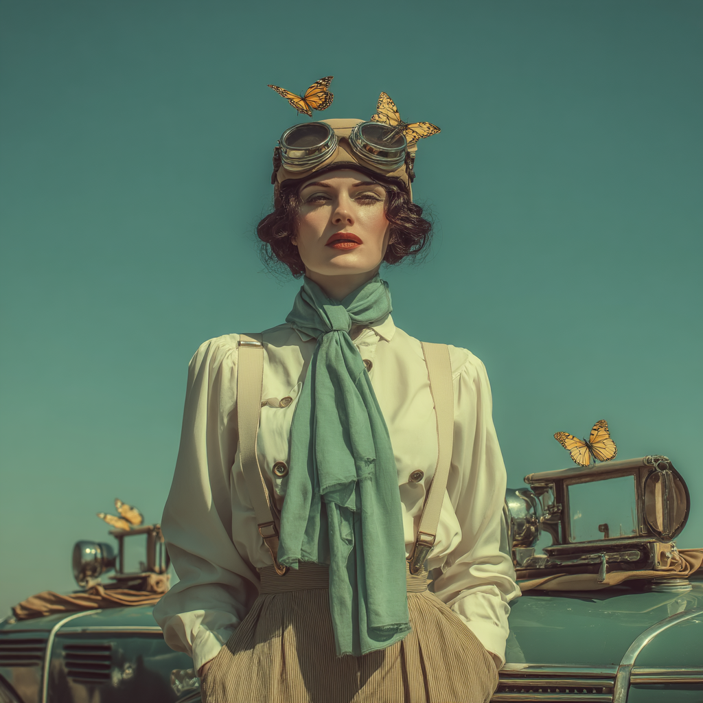 Frau Im Vintage Fliegerstil Mit Schmetterlingen Und Altem Auto | Digital Art | Kunstgattungen