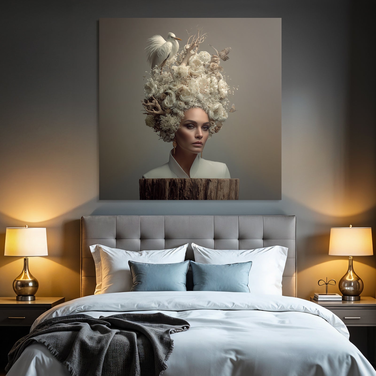 Frau Mit Blumen Haarstil Natur Und Vogel Elegante Aesthetik