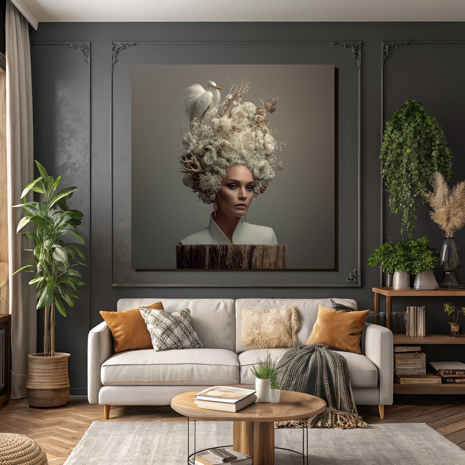 Frau Mit Blumen Haarstil Natur Und Vogel Elegante Aesthetik