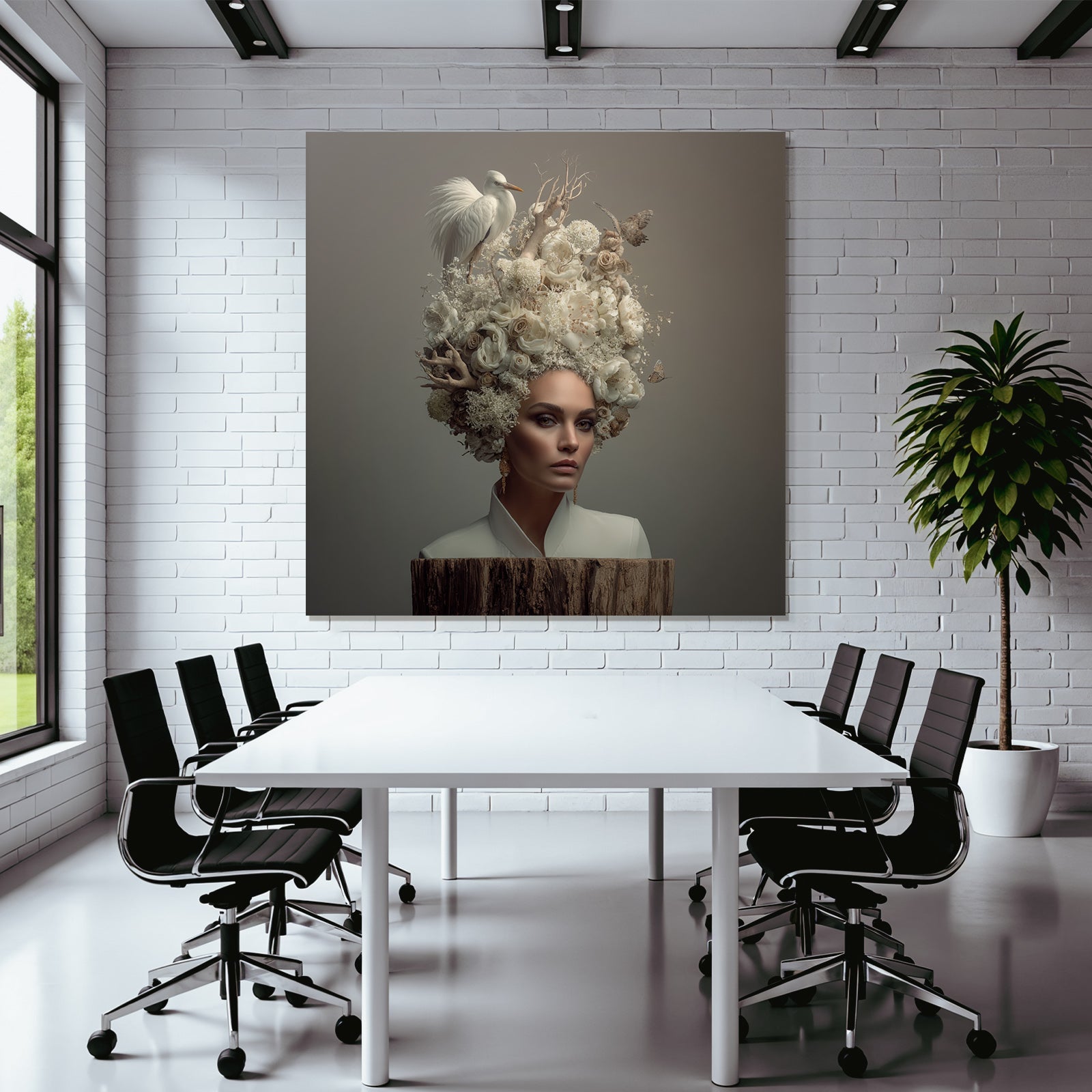 Frau Mit Blumen Haarstil Natur Und Vogel Elegante Aesthetik