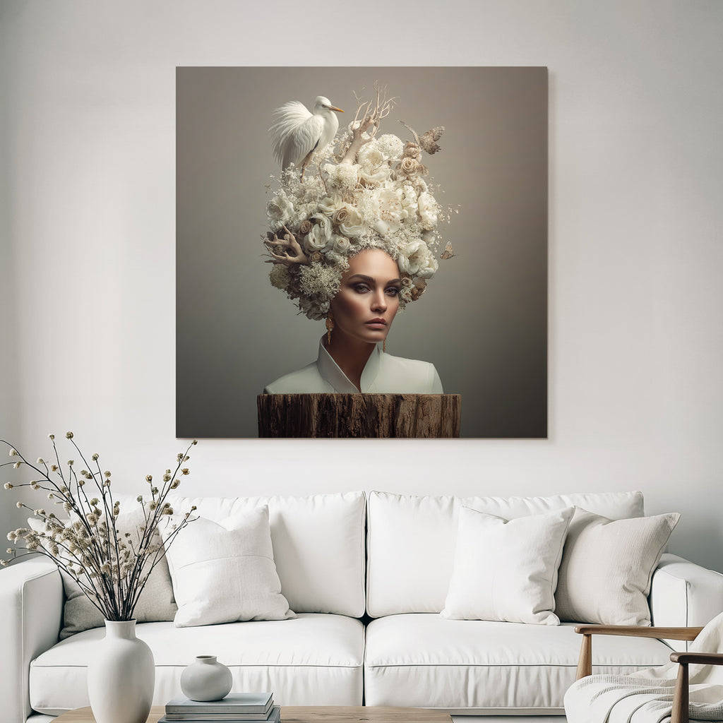 Frau Mit Blumen Haarstil Natur Und Vogel Elegante Aesthetik