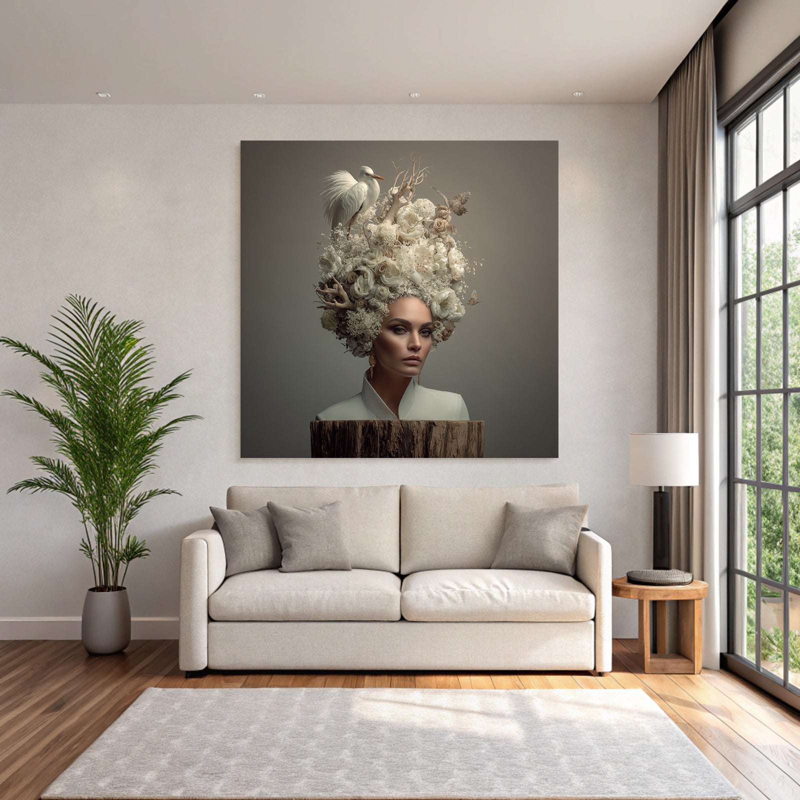 Frau Mit Blumen Haarstil Natur Und Vogel Elegante Aesthetik