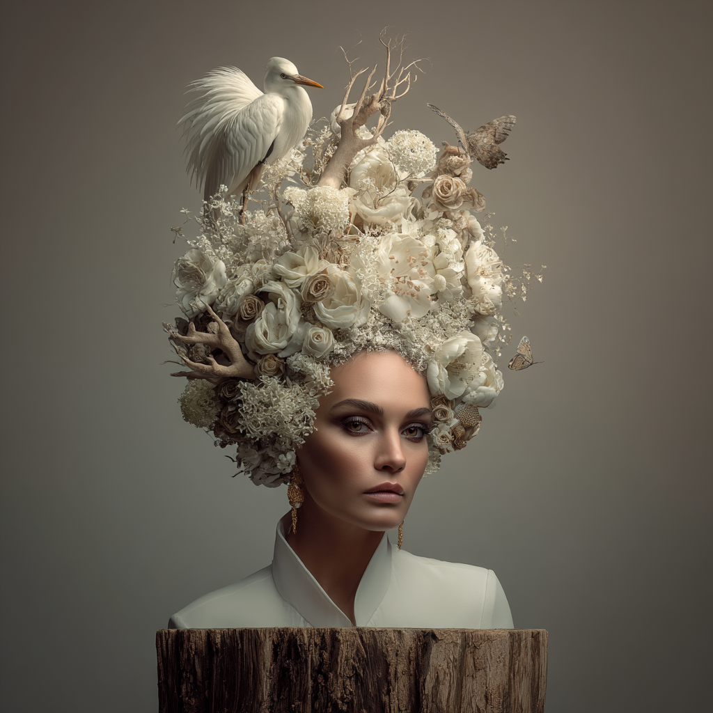 Frau Mit Blumen Haarstil Natur Und Vogel Elegante Aesthetik | Digital Art | Kunstgattungen