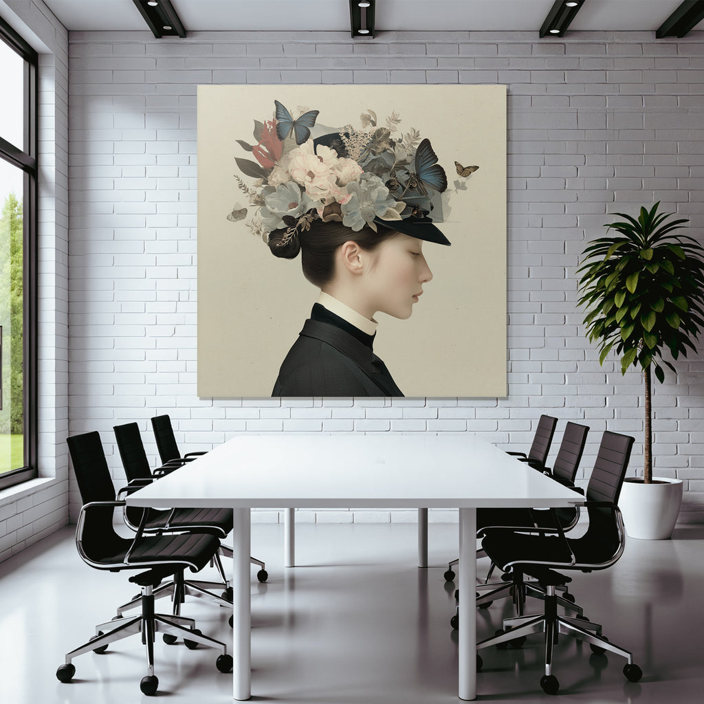 Frau Mit Blumen Und Schmetterlingen Im Hut