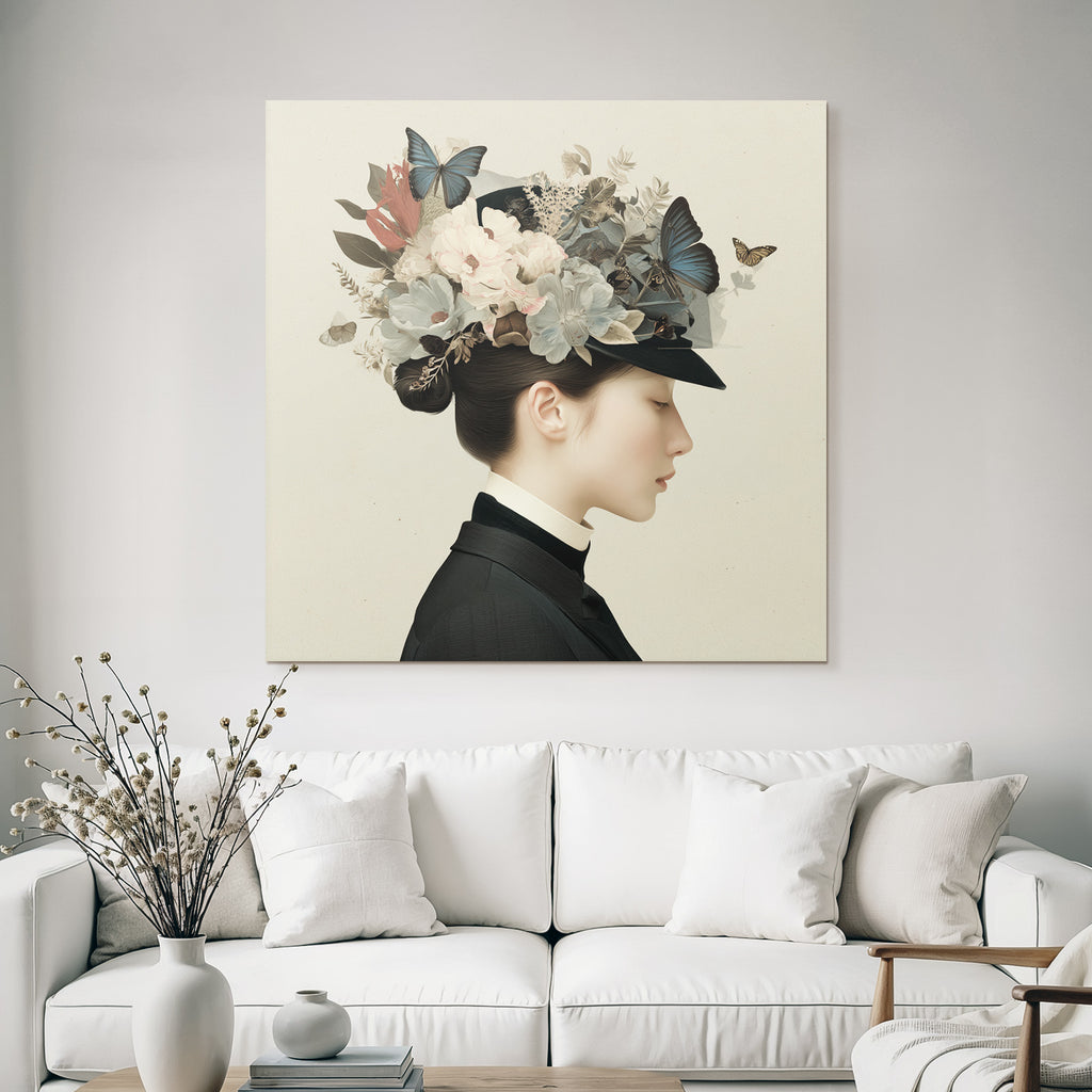 Frau Mit Blumen Und Schmetterlingen Im Hut