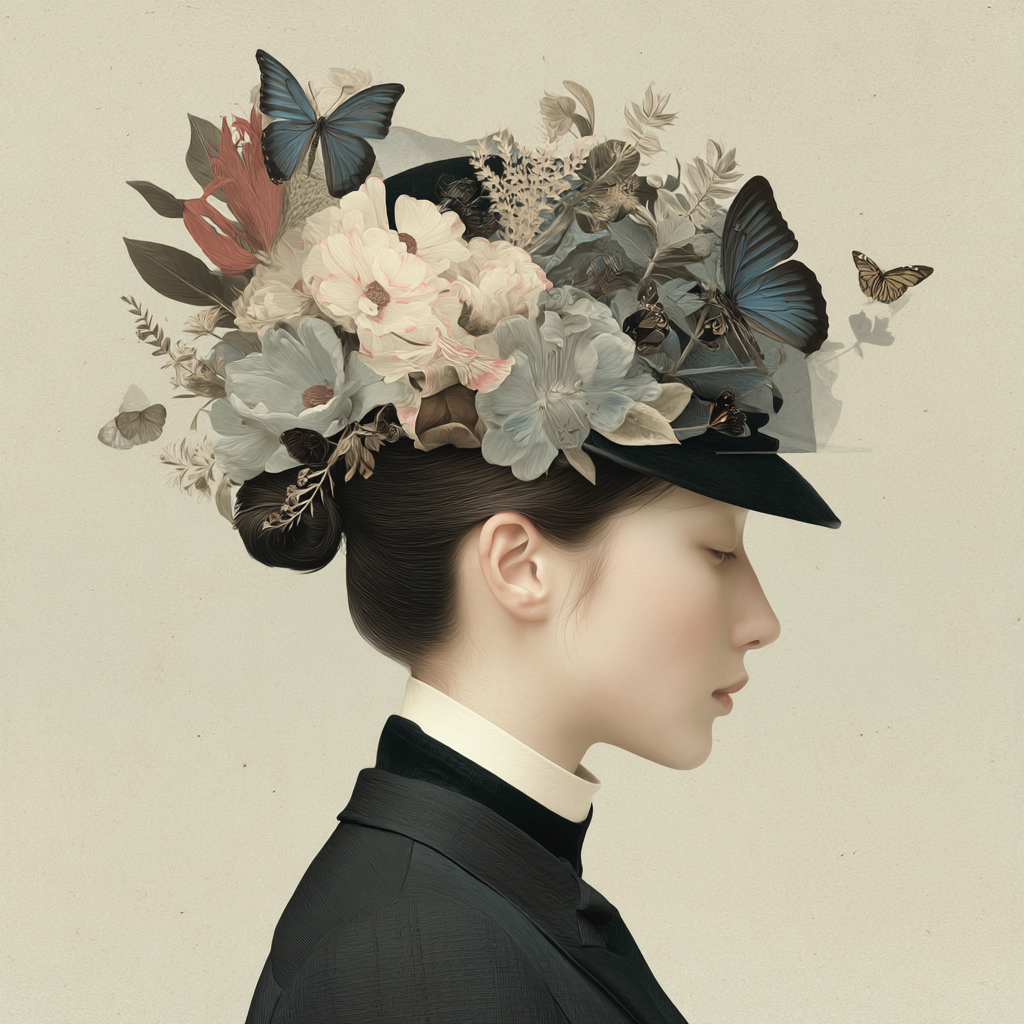 Frau Mit Blumen Und Schmetterlingen Im Hut | Digital Art | Kunstgattungen