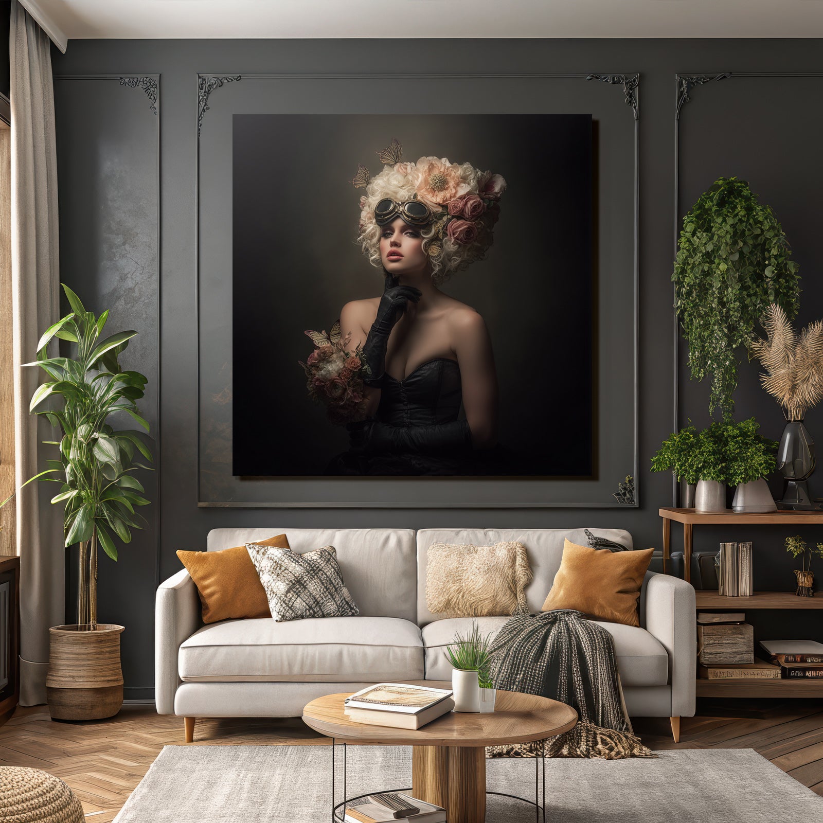 Frau Mit Blumen Und Schmetterlingen Im Vintage Steampunk Stil