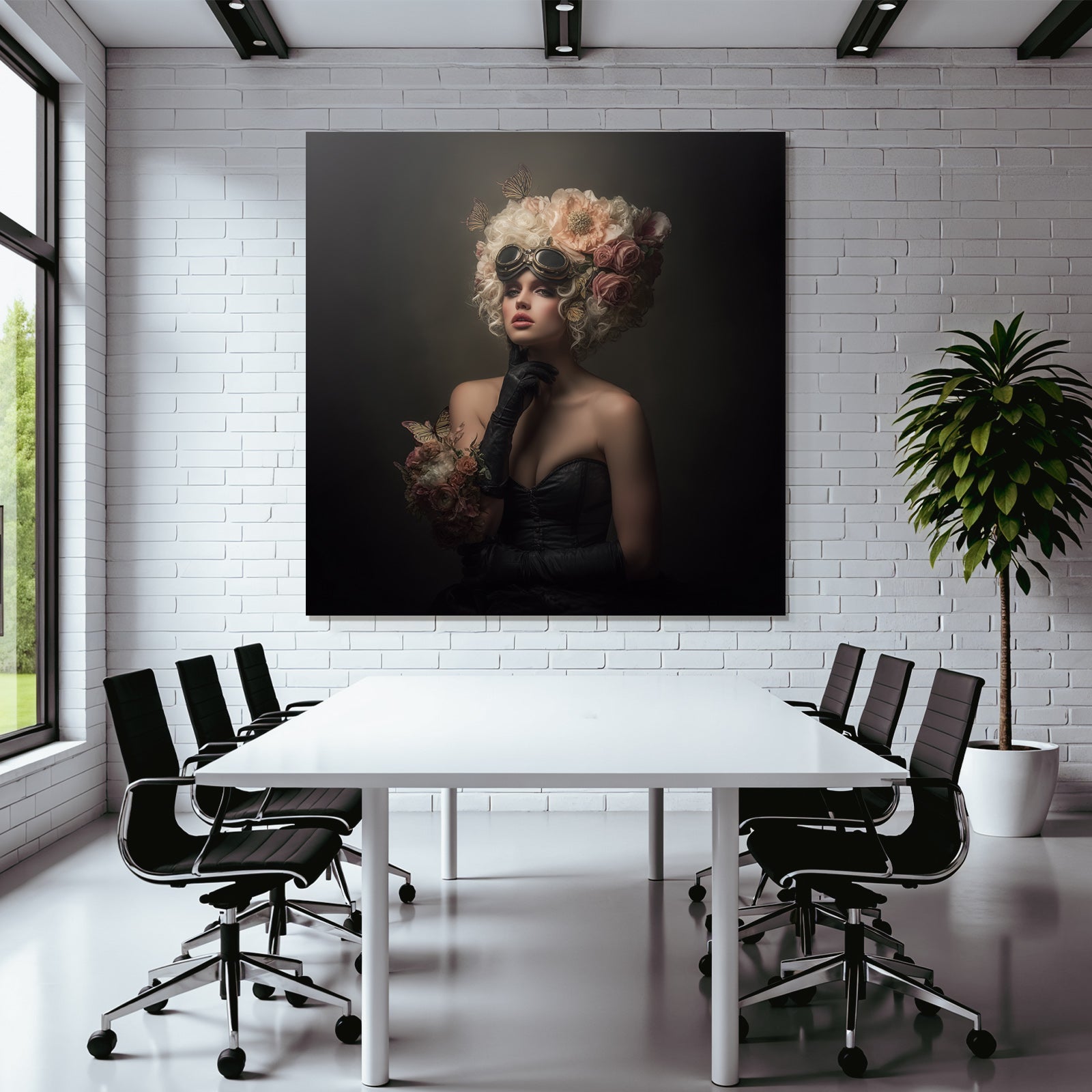 Frau Mit Blumen Und Schmetterlingen Im Vintage Steampunk Stil