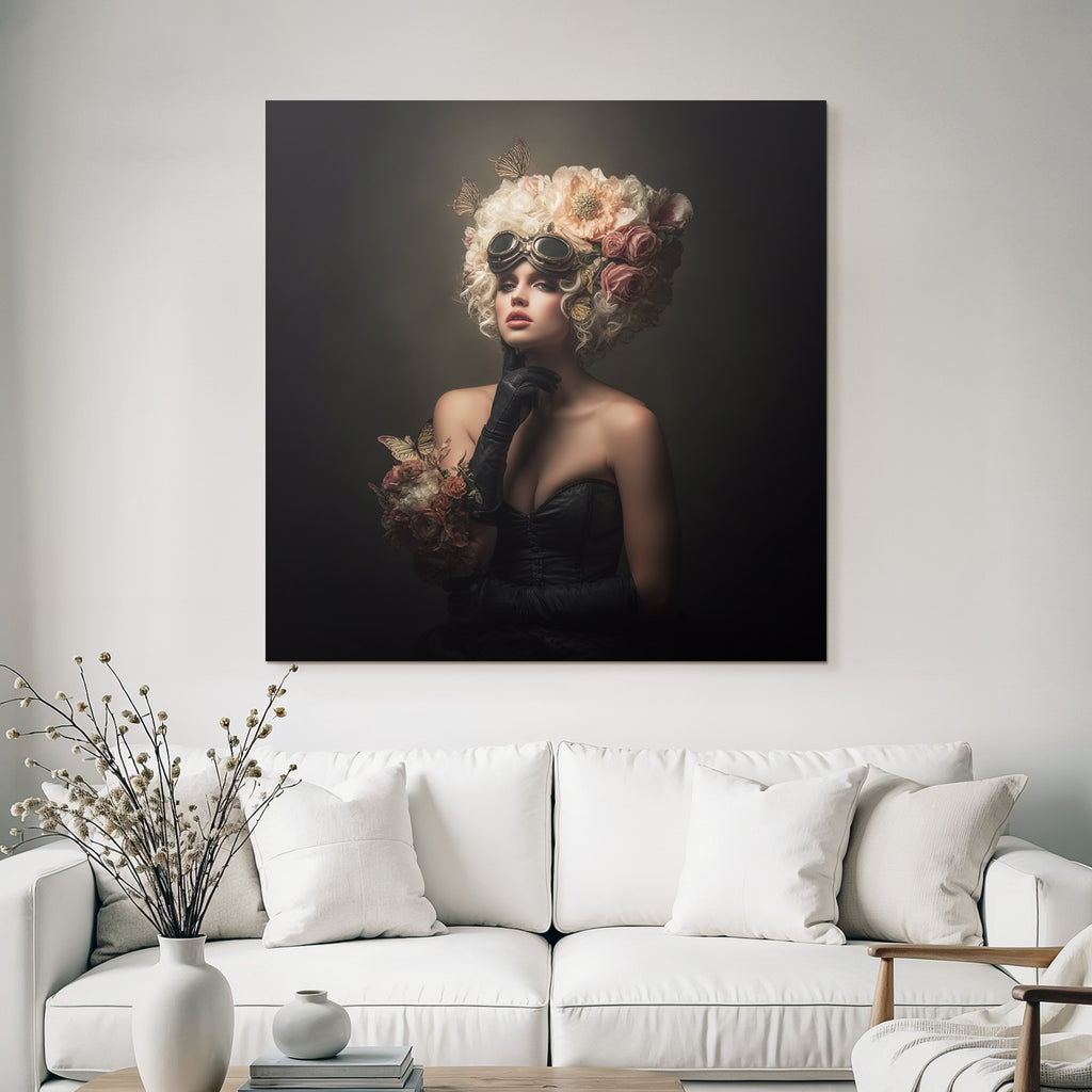Frau Mit Blumen Und Schmetterlingen Im Vintage Steampunk Stil