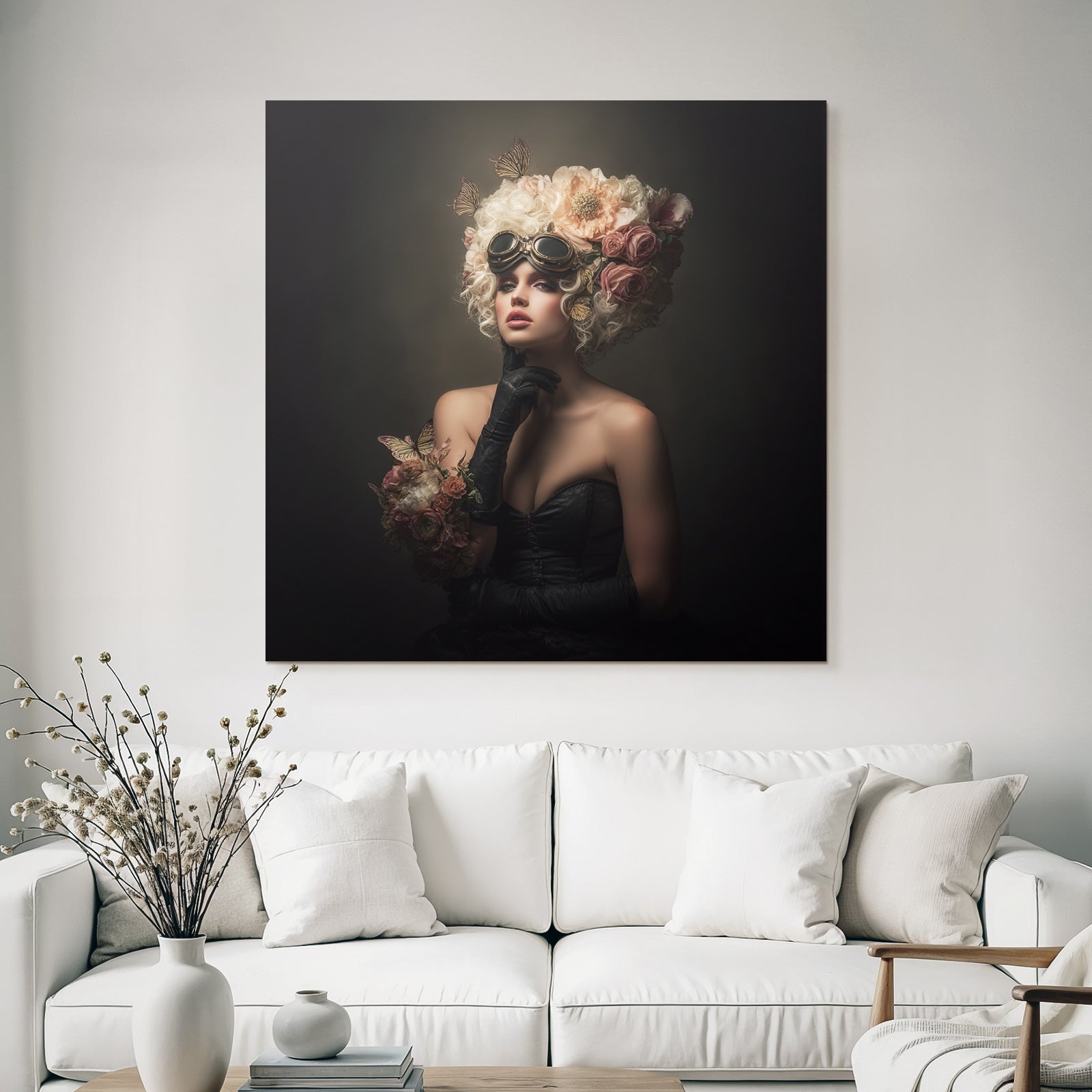 Frau Mit Blumen Und Schmetterlingen Im Vintage Steampunk Stil