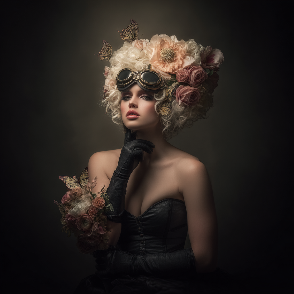 Frau Mit Blumen Und Schmetterlingen Im Vintage Steampunk Stil | Digital Art | Kunstgattungen