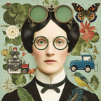 Frau Mit Goggles Und Runden Brillen Umgeben Von Blumen Camera Auto Butterfly Vogel | Digital Art | Kunstgattungen