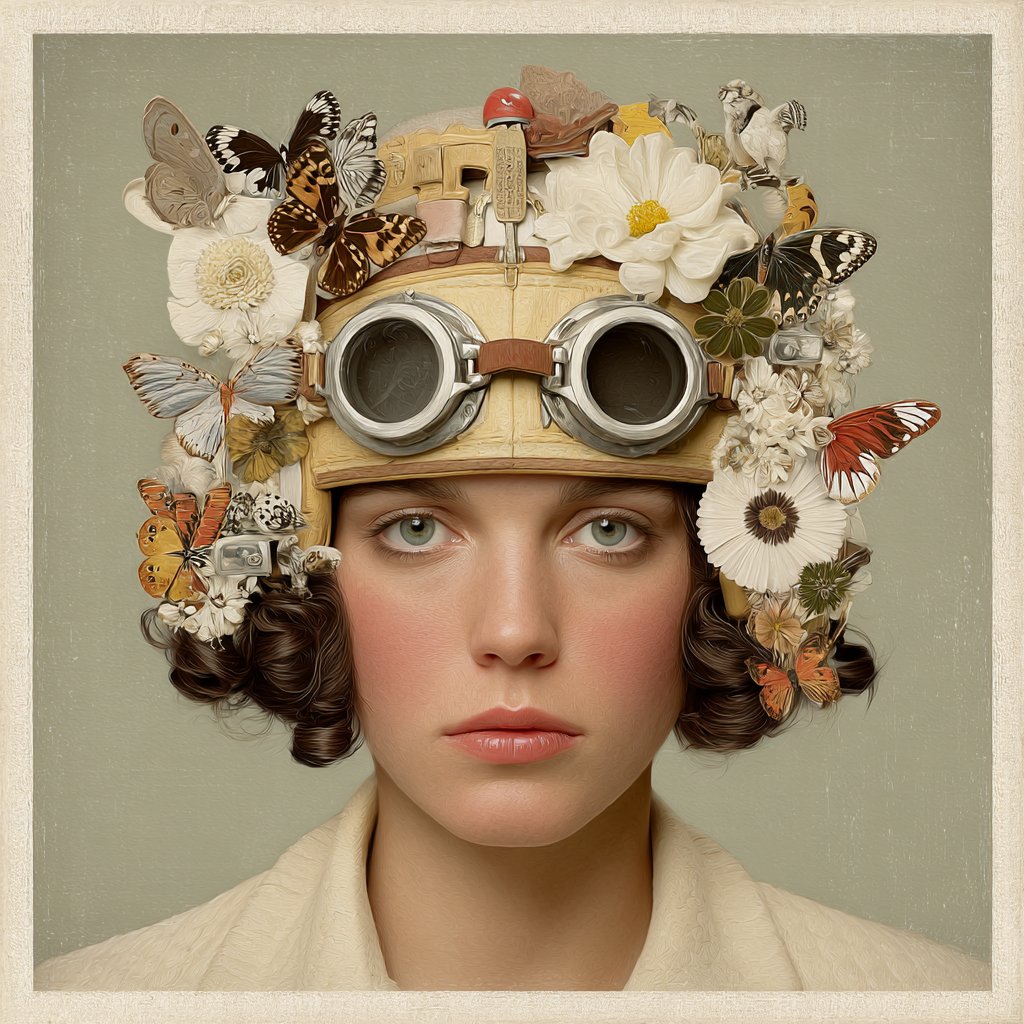 Frau Mit Kunstvollem Kopfschmuck Blumen Falter Und Goggles | Digital Art | Kunstgattungen