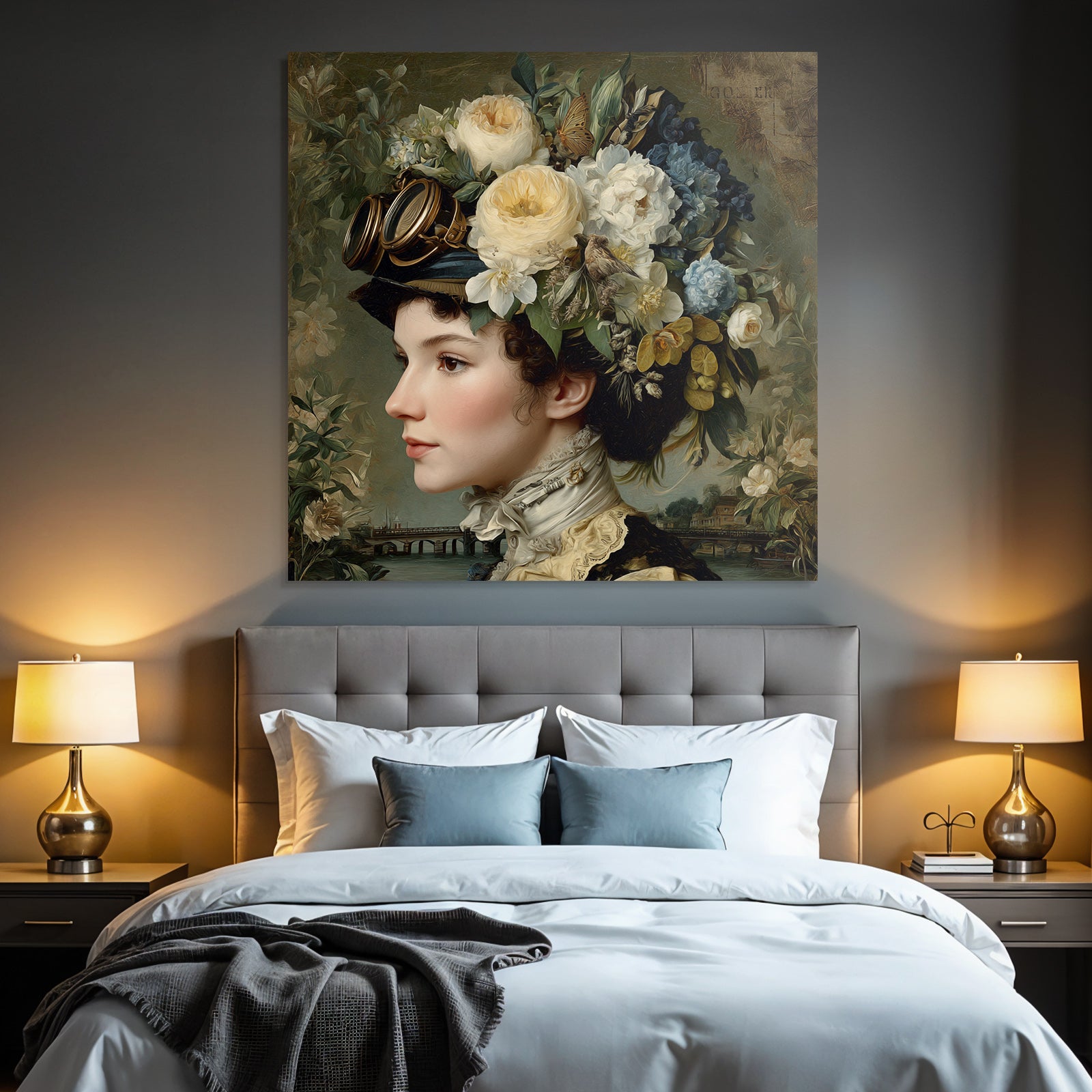 Frau Mit Vintage Steampunk Aesthetik Blumenkranz Und Goggles Szenenlandschaft