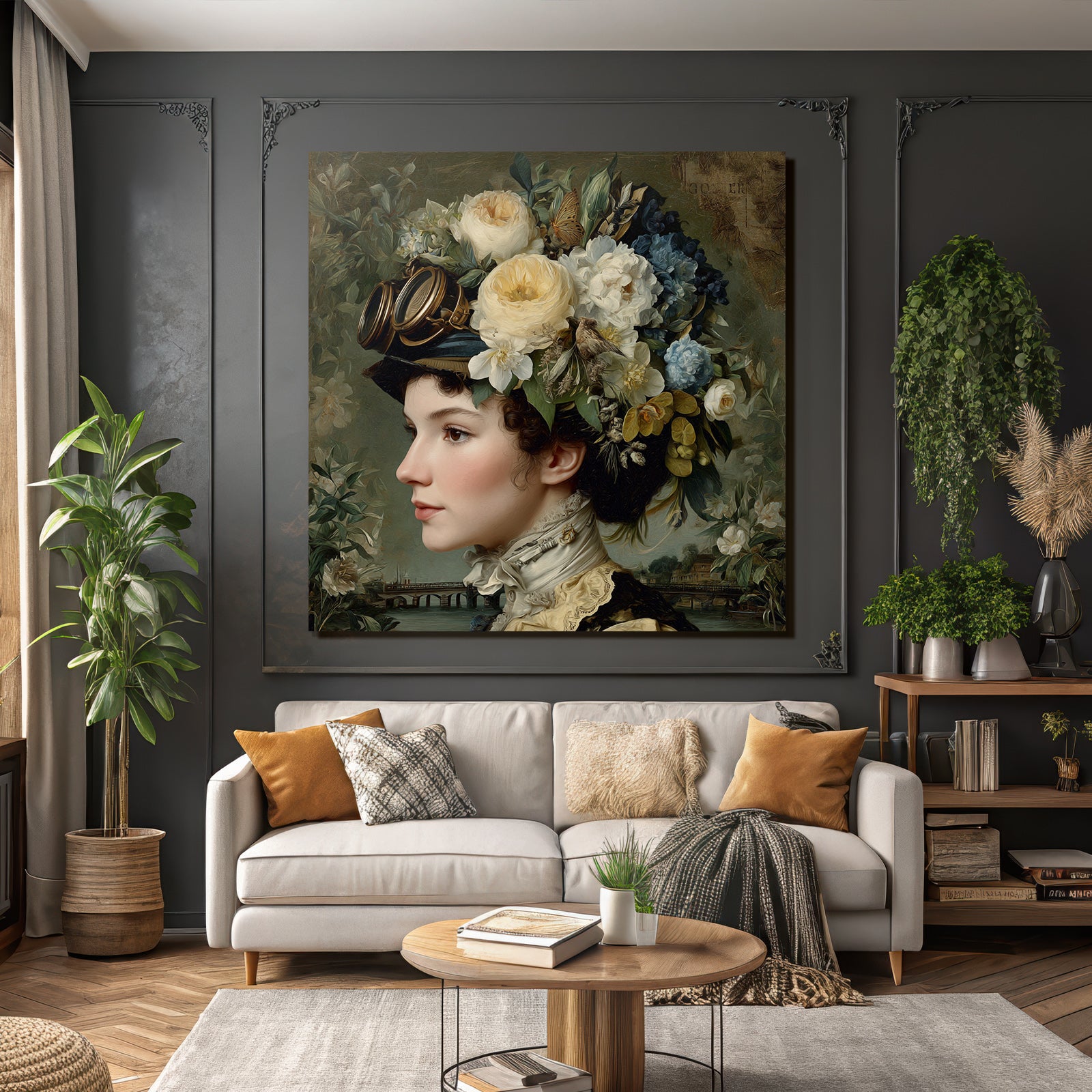 Frau Mit Vintage Steampunk Aesthetik Blumenkranz Und Goggles Szenenlandschaft