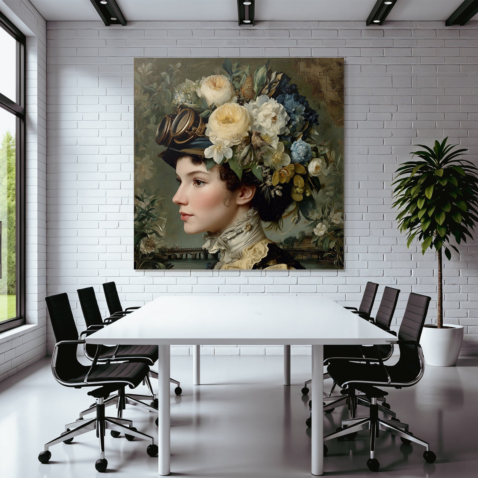 Frau Mit Vintage Steampunk Aesthetik Blumenkranz Und Goggles Szenenlandschaft