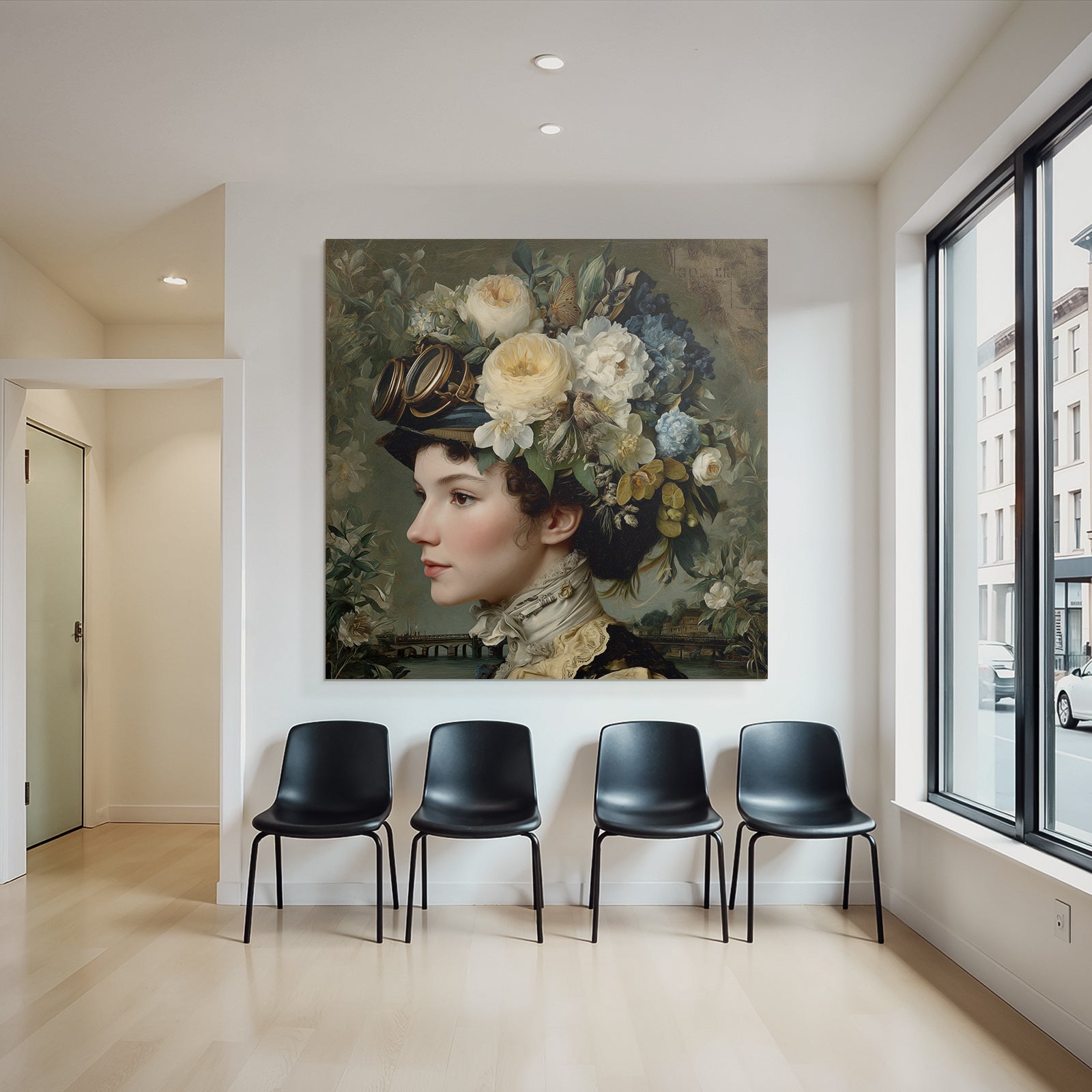 Frau Mit Vintage Steampunk Aesthetik Blumenkranz Und Goggles Szenenlandschaft