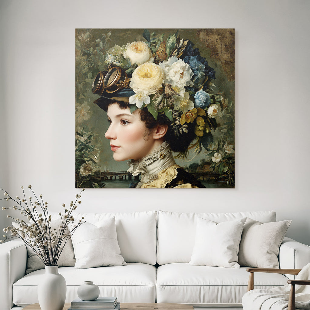 Frau Mit Vintage Steampunk Aesthetik Blumenkranz Und Goggles Szenenlandschaft