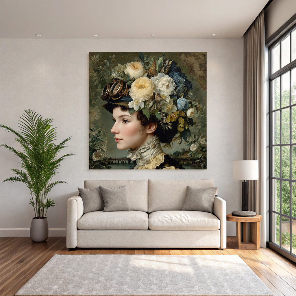 Frau Mit Vintage Steampunk Aesthetik Blumenkranz Und Goggles Szenenlandschaft
