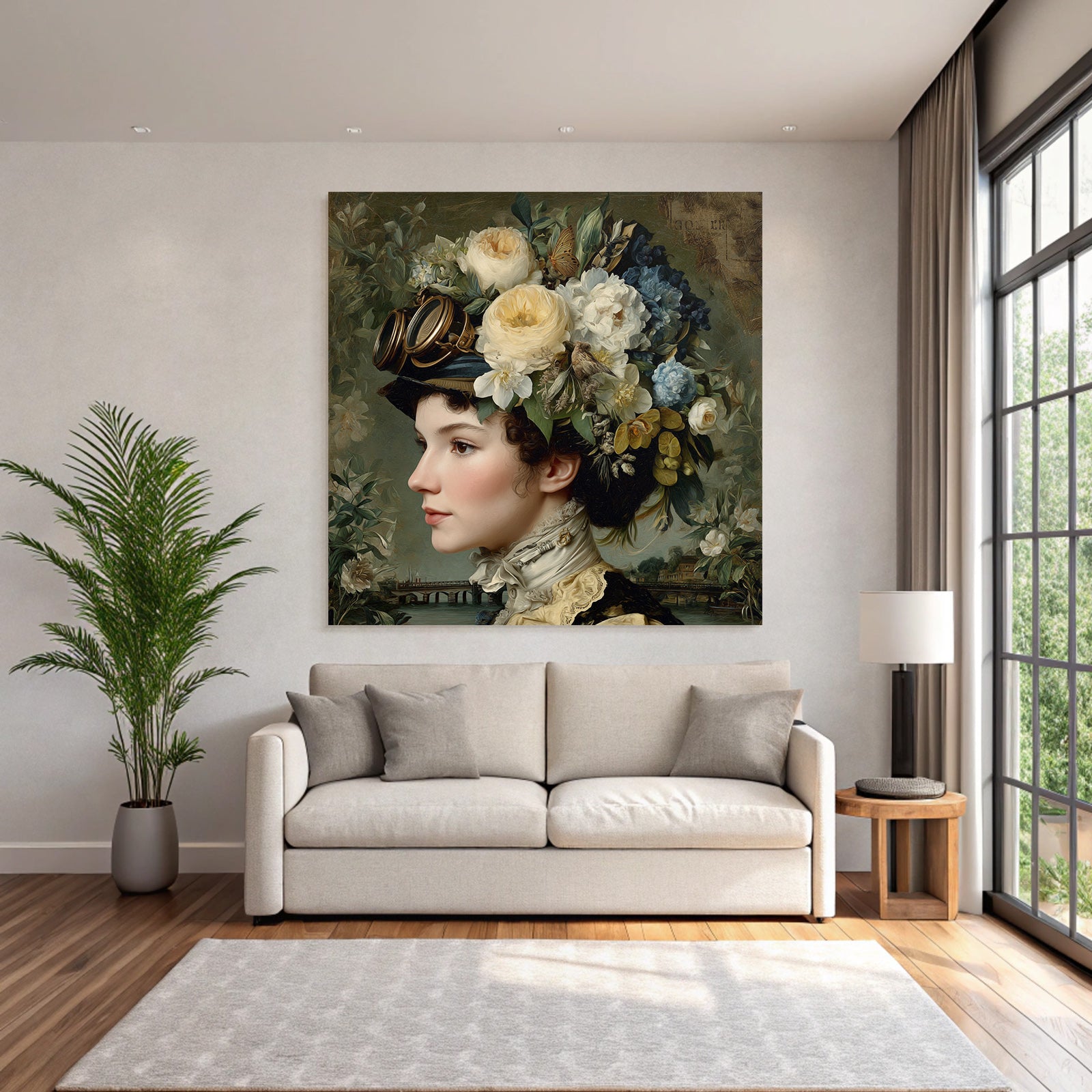 Frau Mit Vintage Steampunk Aesthetik Blumenkranz Und Goggles Szenenlandschaft