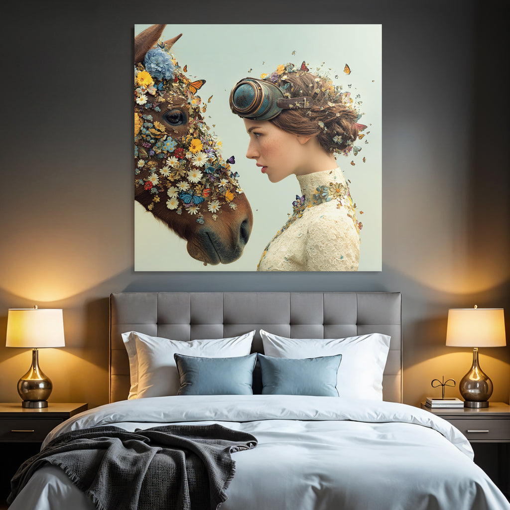 Frau Und Pferd Mit Blumen Und Schmetterlingen Surrealistisch