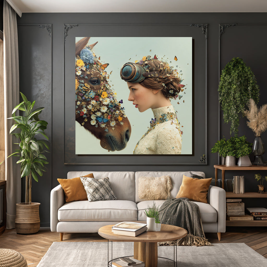 Frau Und Pferd Mit Blumen Und Schmetterlingen Surrealistisch