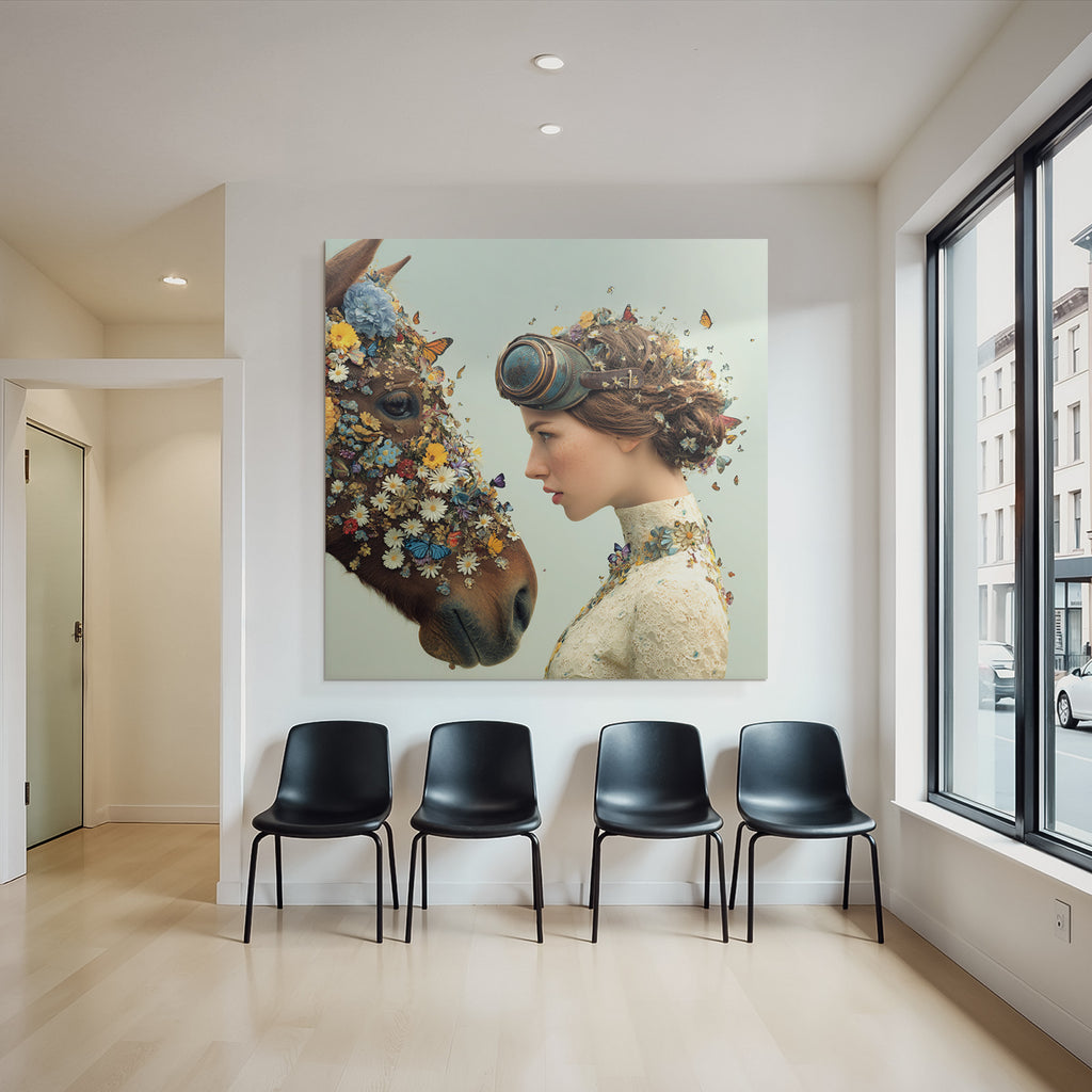 Frau Und Pferd Mit Blumen Und Schmetterlingen Surrealistisch