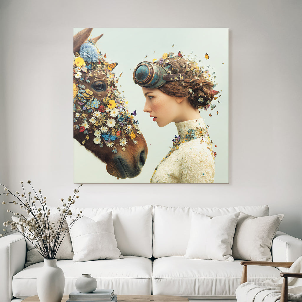 Frau Und Pferd Mit Blumen Und Schmetterlingen Surrealistisch