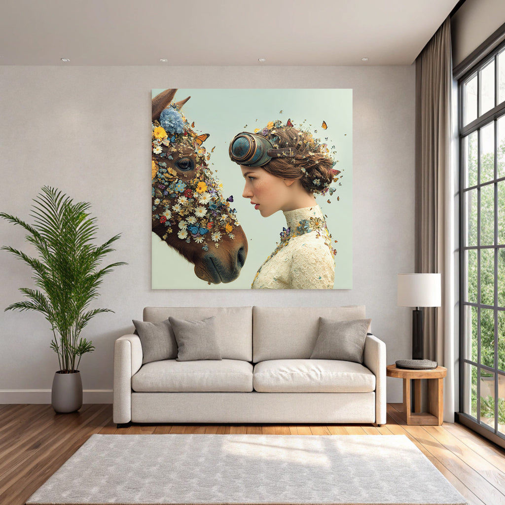 Frau Und Pferd Mit Blumen Und Schmetterlingen Surrealistisch
