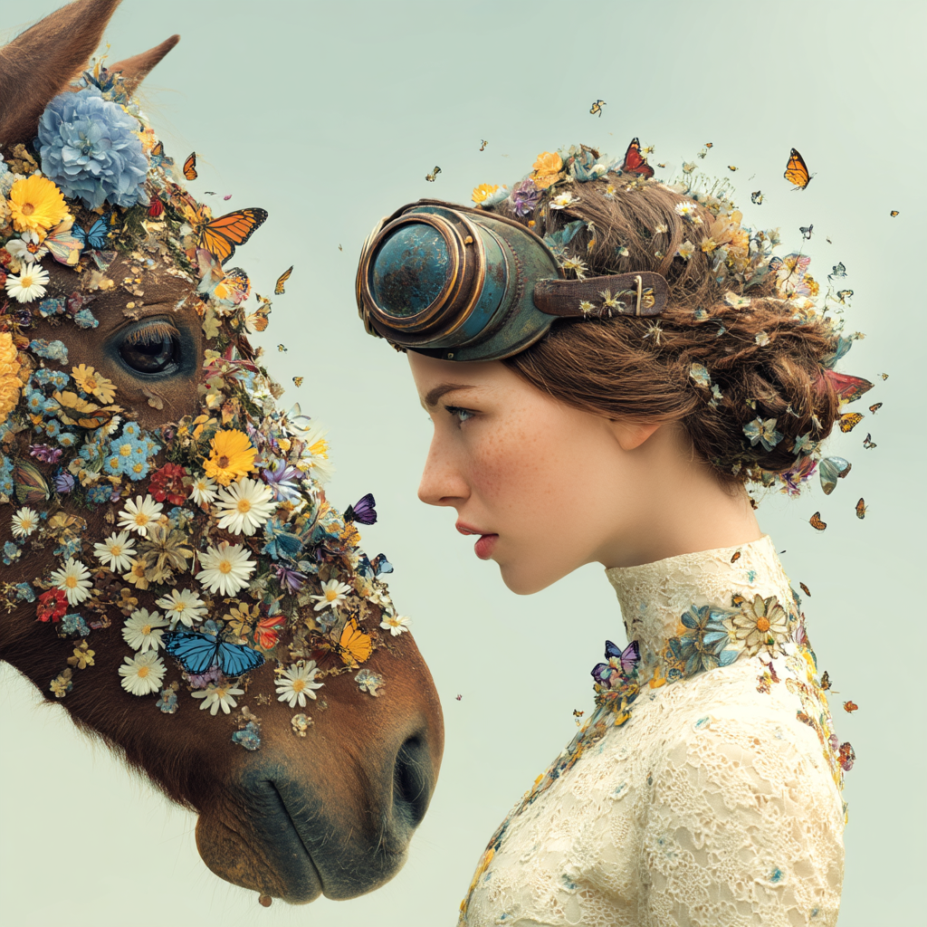 Frau Und Pferd Mit Blumen Und Schmetterlingen Surrealistisch | Digital Art | Kunstgattungen
