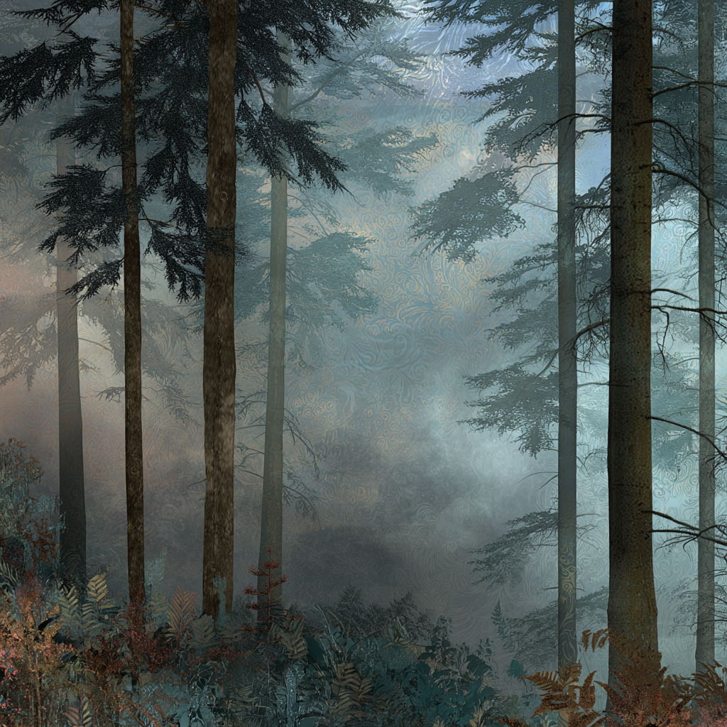 Friedlicher Wald Mit Nebel Und Mystischem Atmosphare | Digital Art | Kunstgattungen