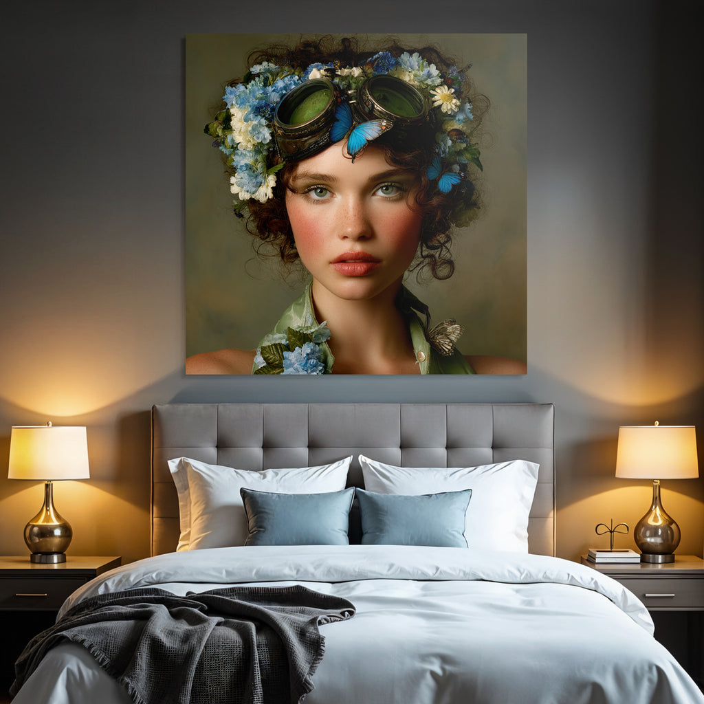 Young Woman Flora Headdress Flowers Butterflies Goggles Fantasy Aesthetic