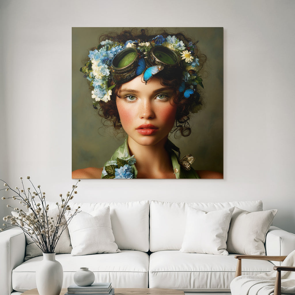 Young Woman Flora Headdress Flowers Butterflies Goggles Fantasy Aesthetic