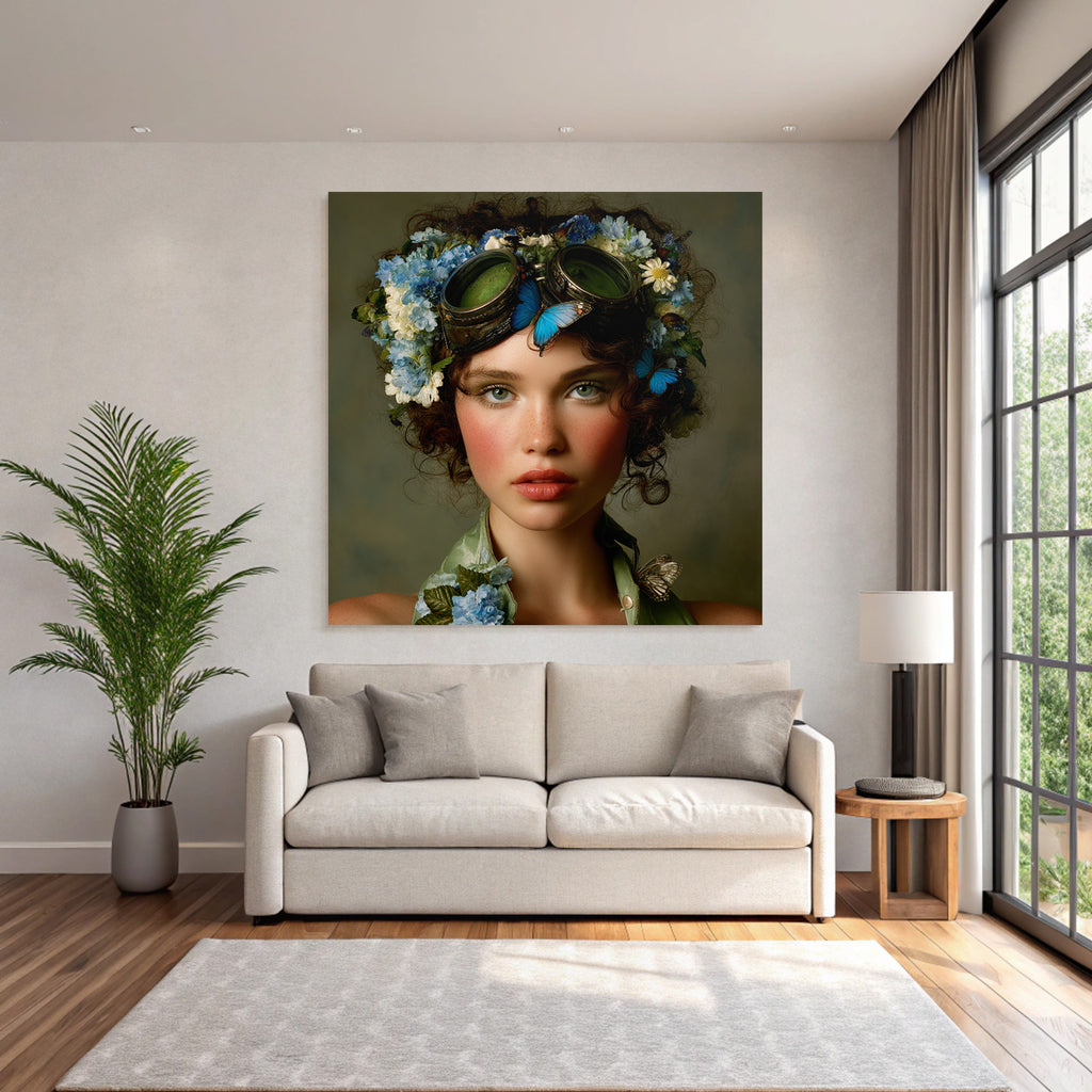 Young Woman Flora Headdress Flowers Butterflies Goggles Fantasy Aesthetic
