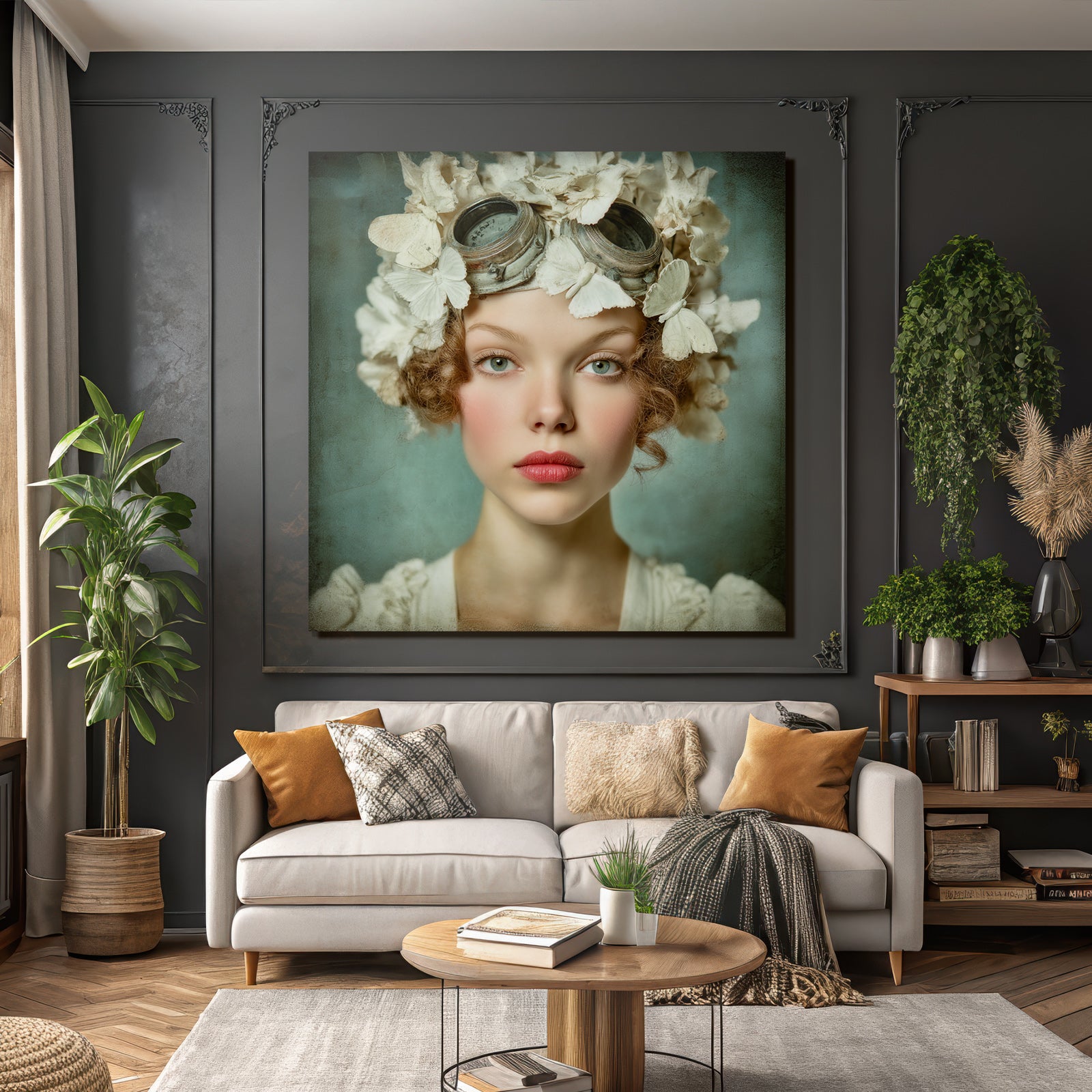 Junge Frau Mit Blumen Und Schmetterlingen Kunstvolle Aesthetik