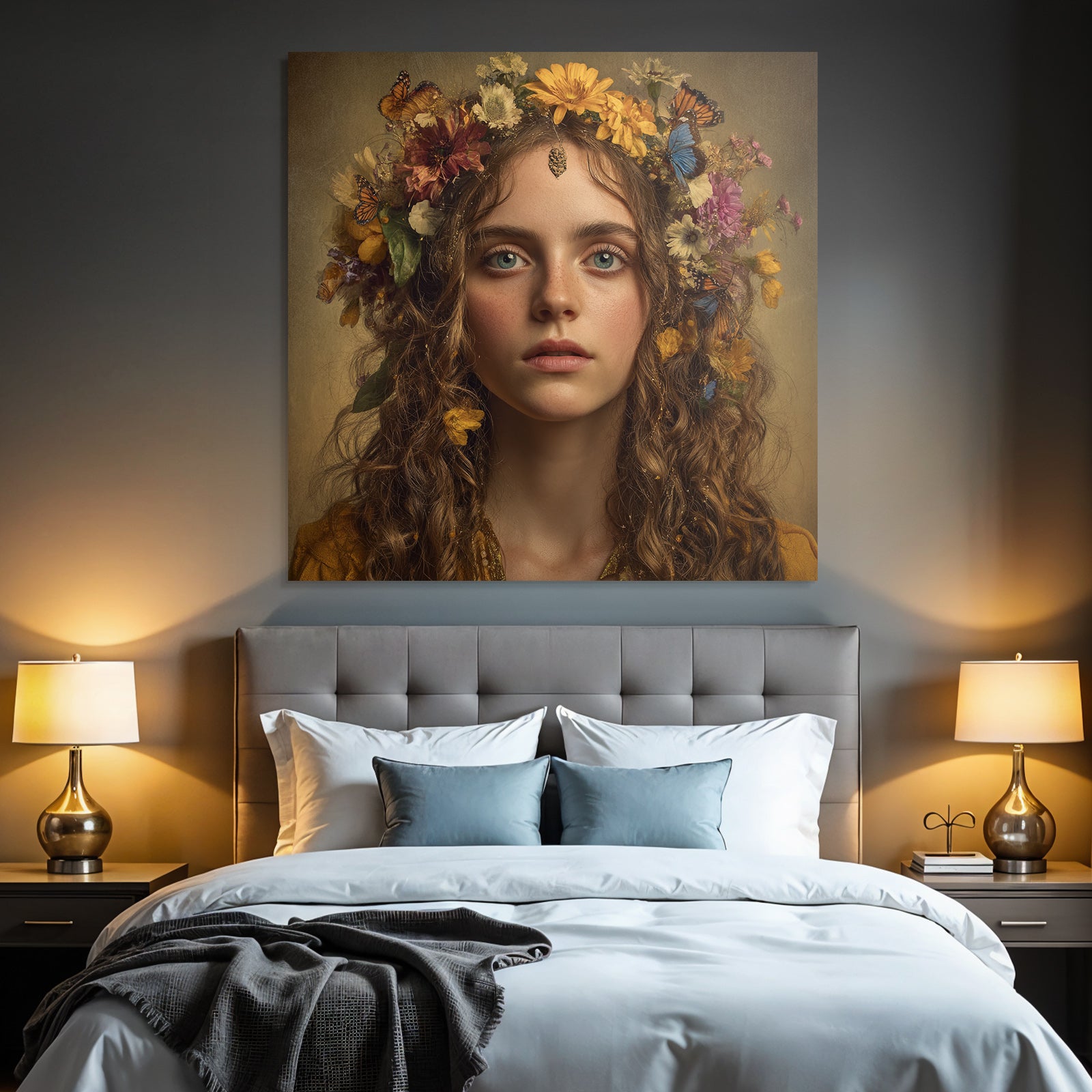 Junge Frau Mit Blumenkrone Und Schmetterlingen