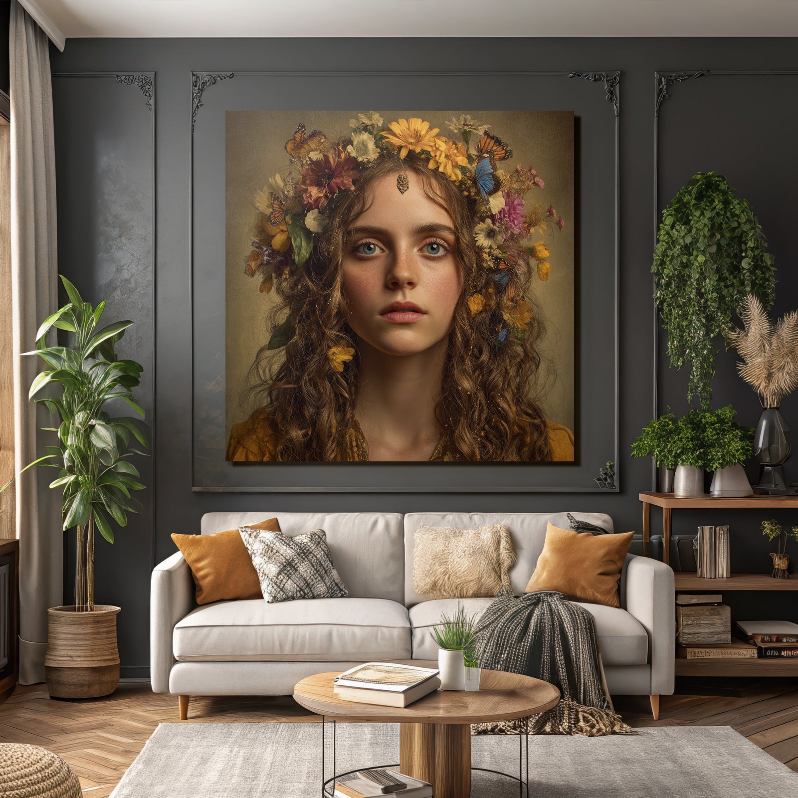 Junge Frau Mit Blumenkrone Und Schmetterlingen