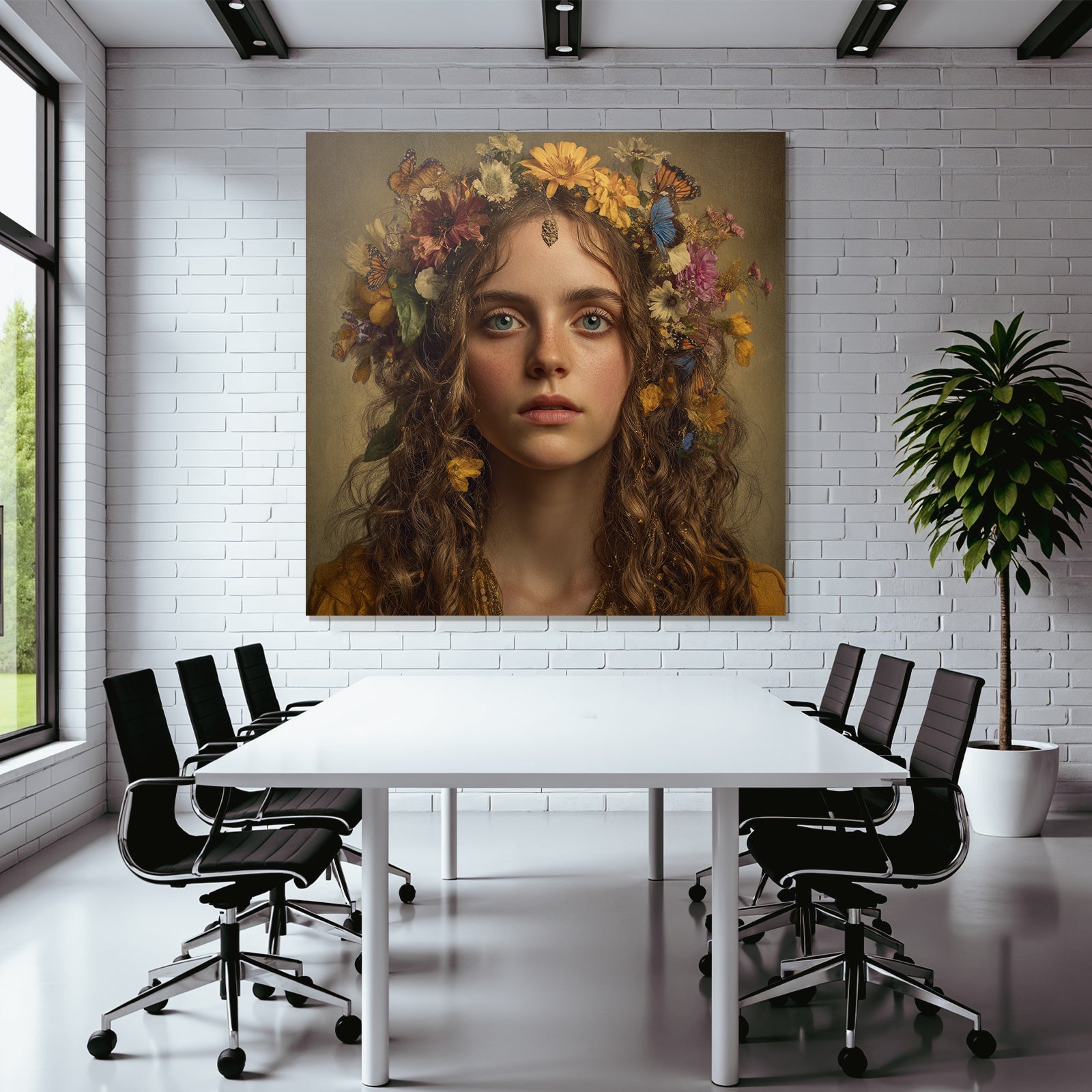 Junge Frau Mit Blumenkrone Und Schmetterlingen