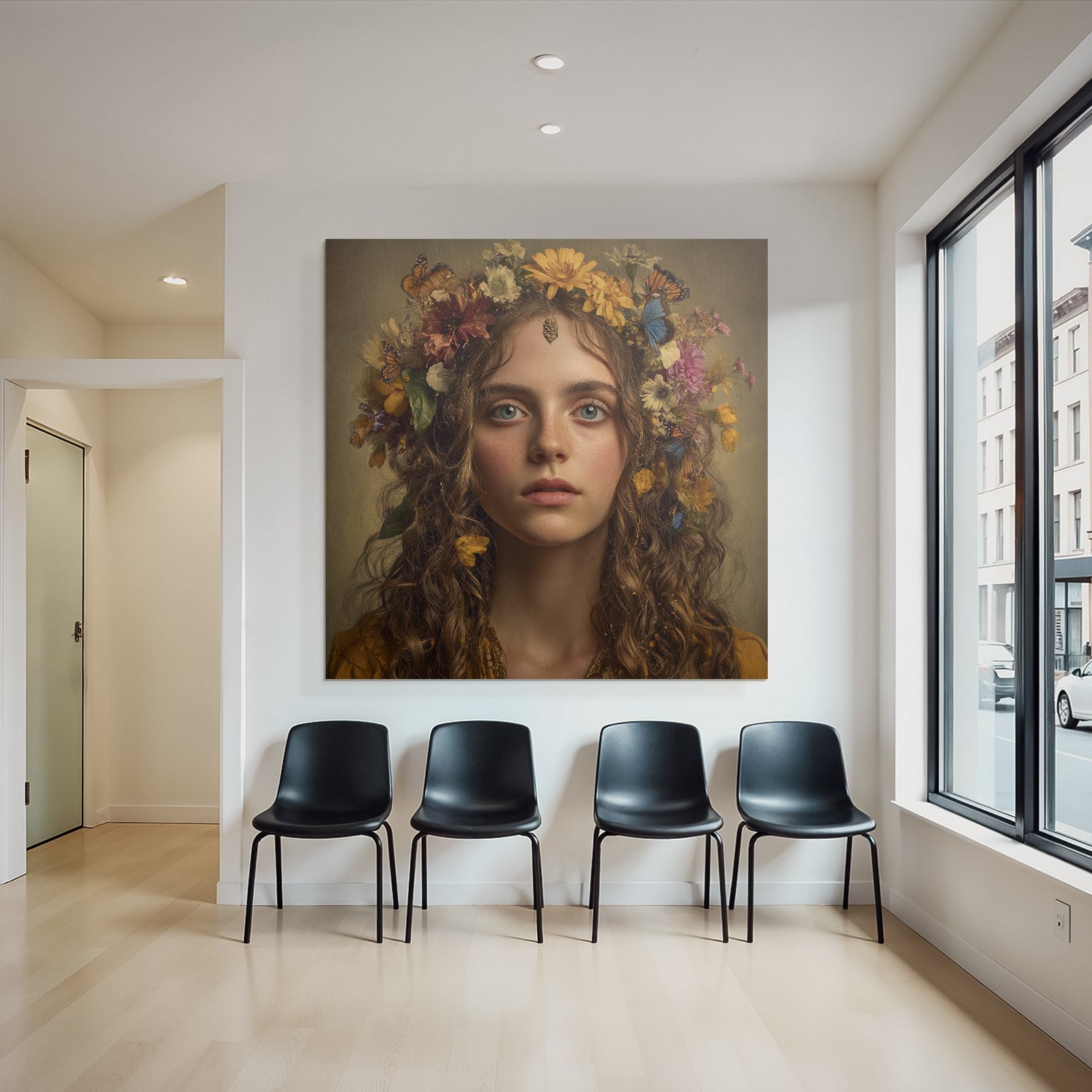 Junge Frau Mit Blumenkrone Und Schmetterlingen