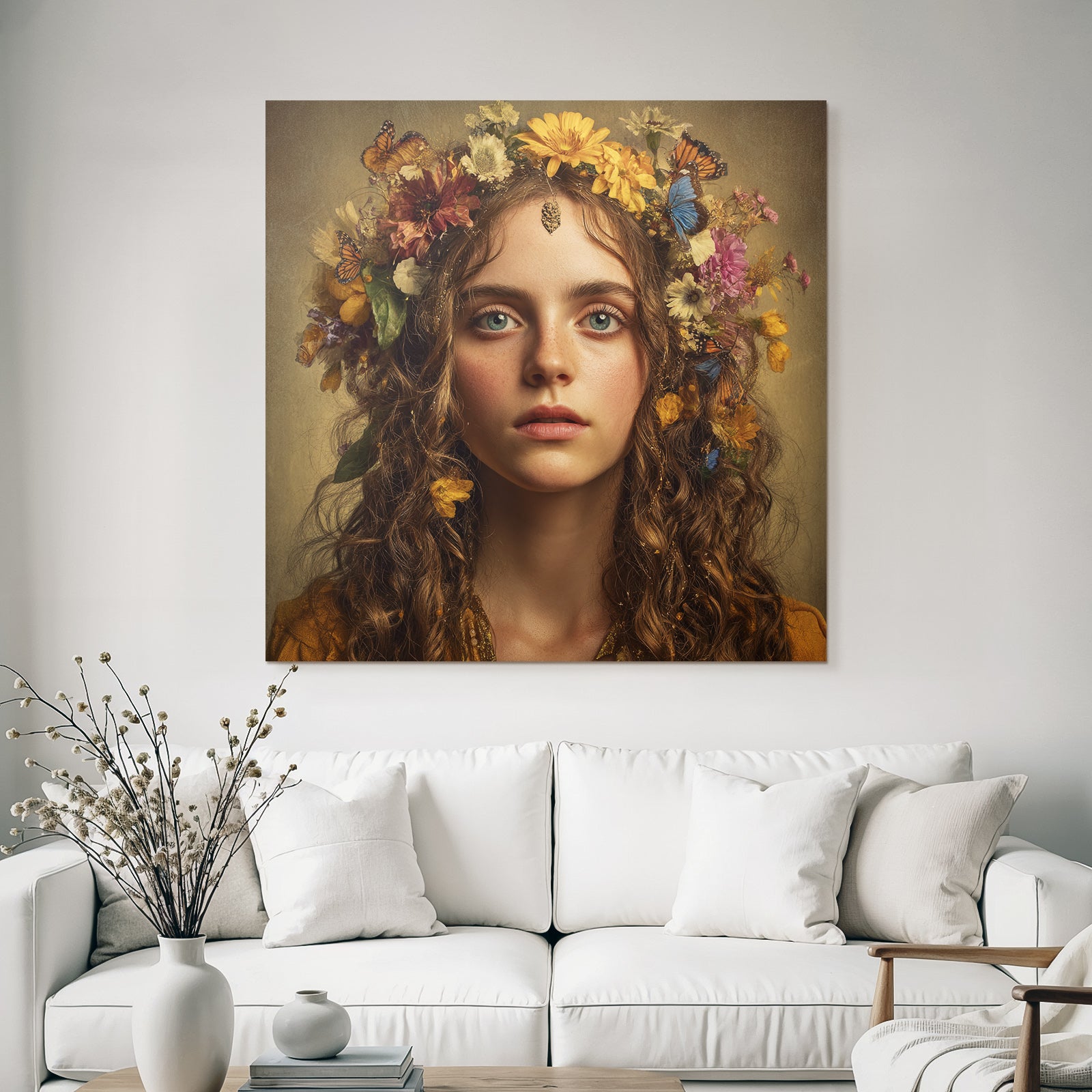 Junge Frau Mit Blumenkrone Und Schmetterlingen