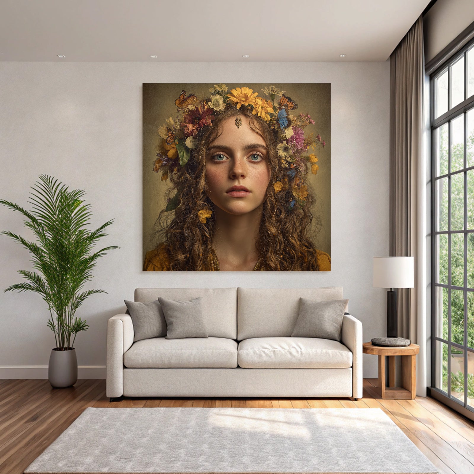 Junge Frau Mit Blumenkrone Und Schmetterlingen
